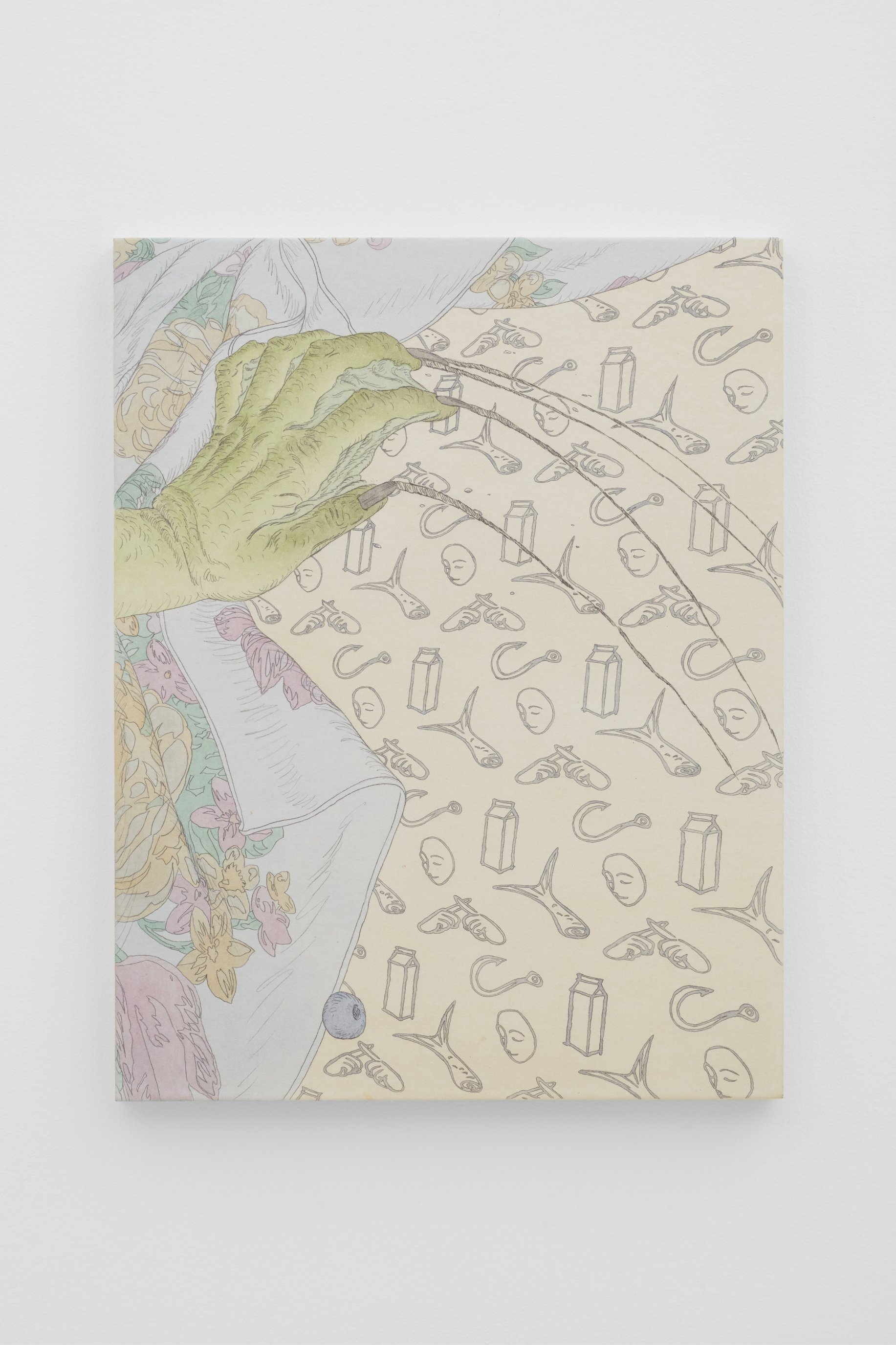 Eri Yagi, Hook, Secret, Tails, Milk, Kindness, 2024. Watercolor and pencil on washi paper mounted on gessoed wood panel, 16 1/8 x 12 1/2 in (41 x 31.8 cm)