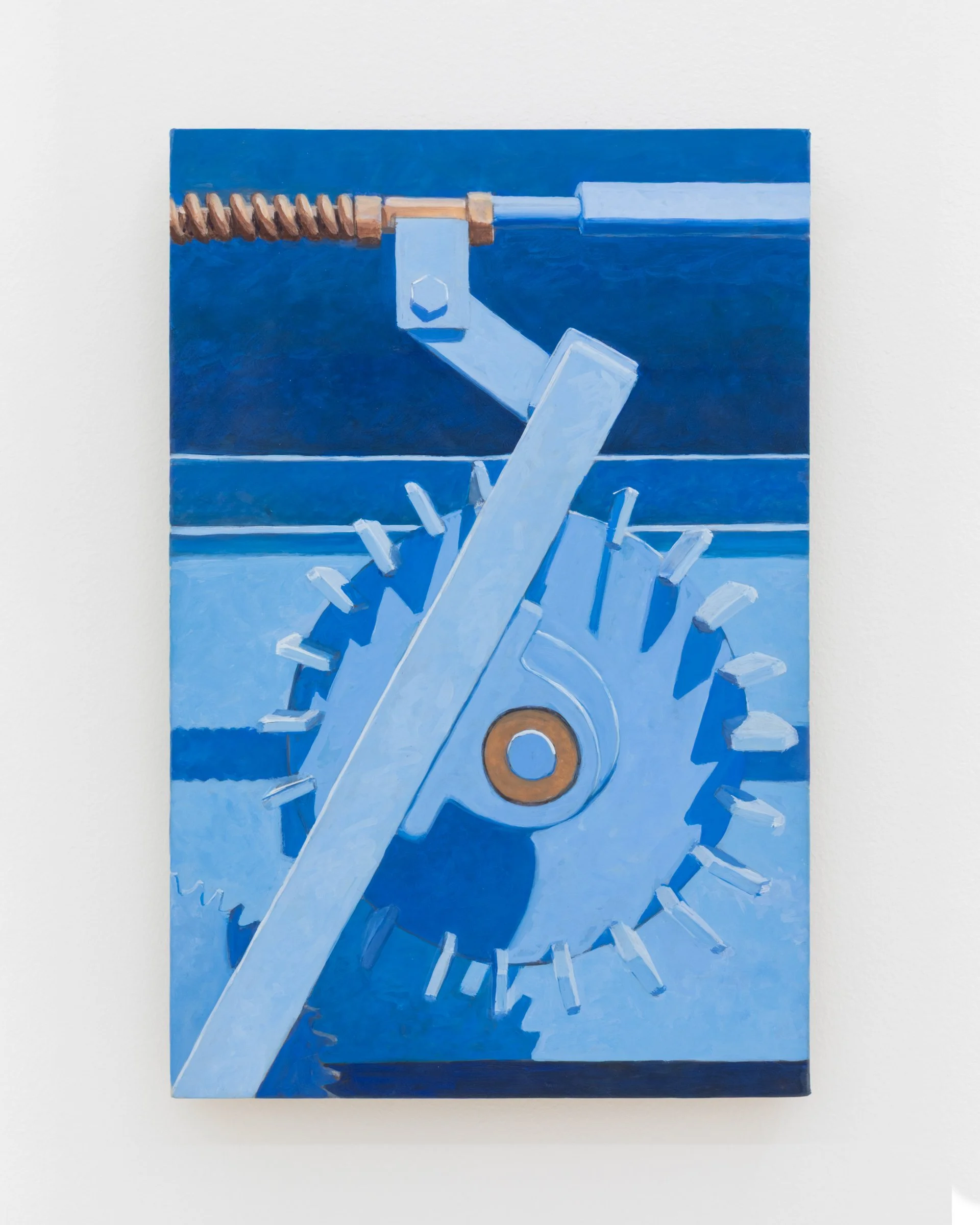 Blue Wheel, 2025. Egg tempera on calfskin parchment, 13 x 18 1/2 in (33 x 47 cm)