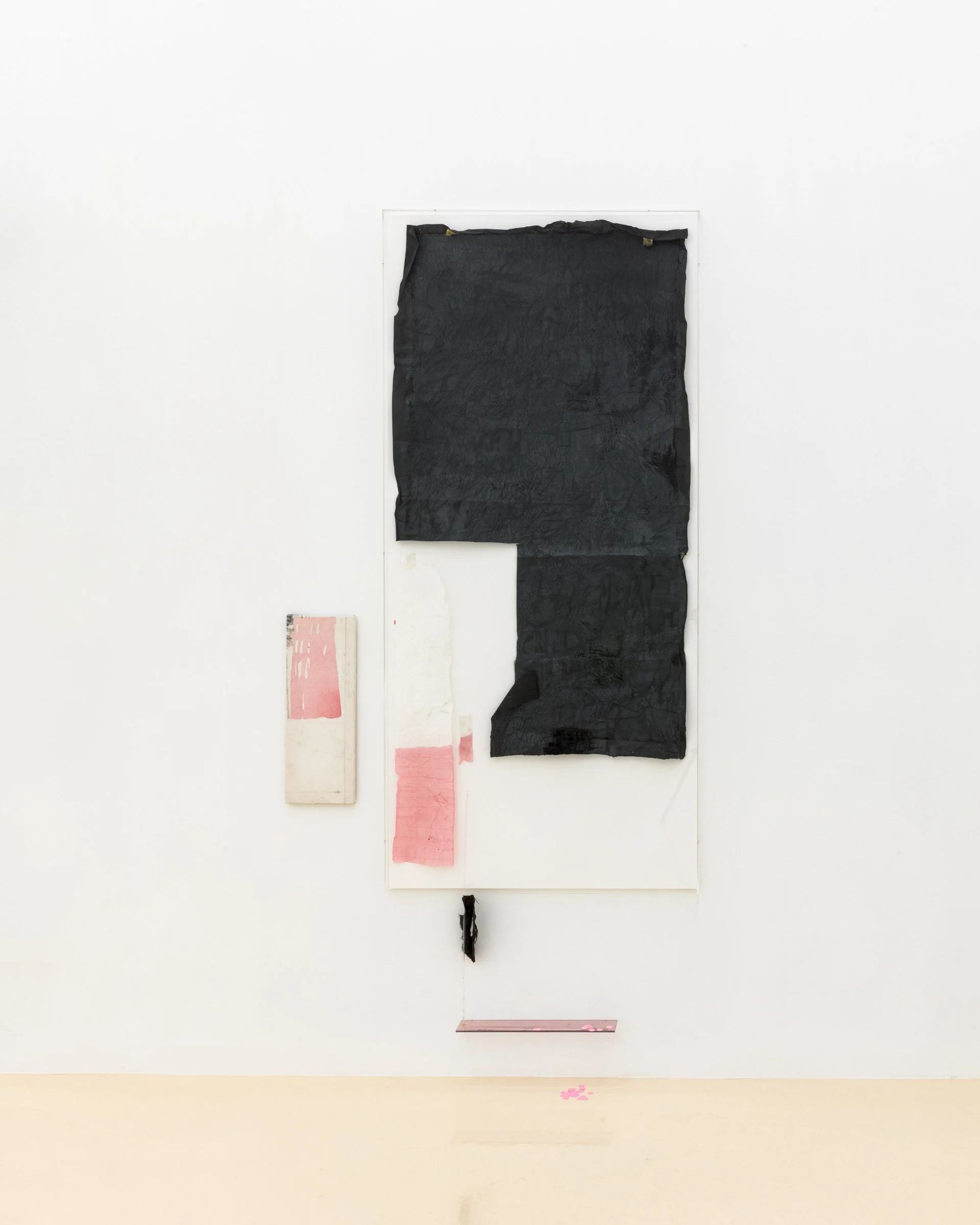 health house, remnant pink, 2025. Hanji paper, ink and glue size mounted on gauze acrylic and pencil on linen in plexiglass box frame
Model: Plexiglass, linen, acrylic rod, sequins, 95 x 36 1/2 in (241.3 x 92.7 cm) Acrylic on paper, 22 x 8 in (55.9 x