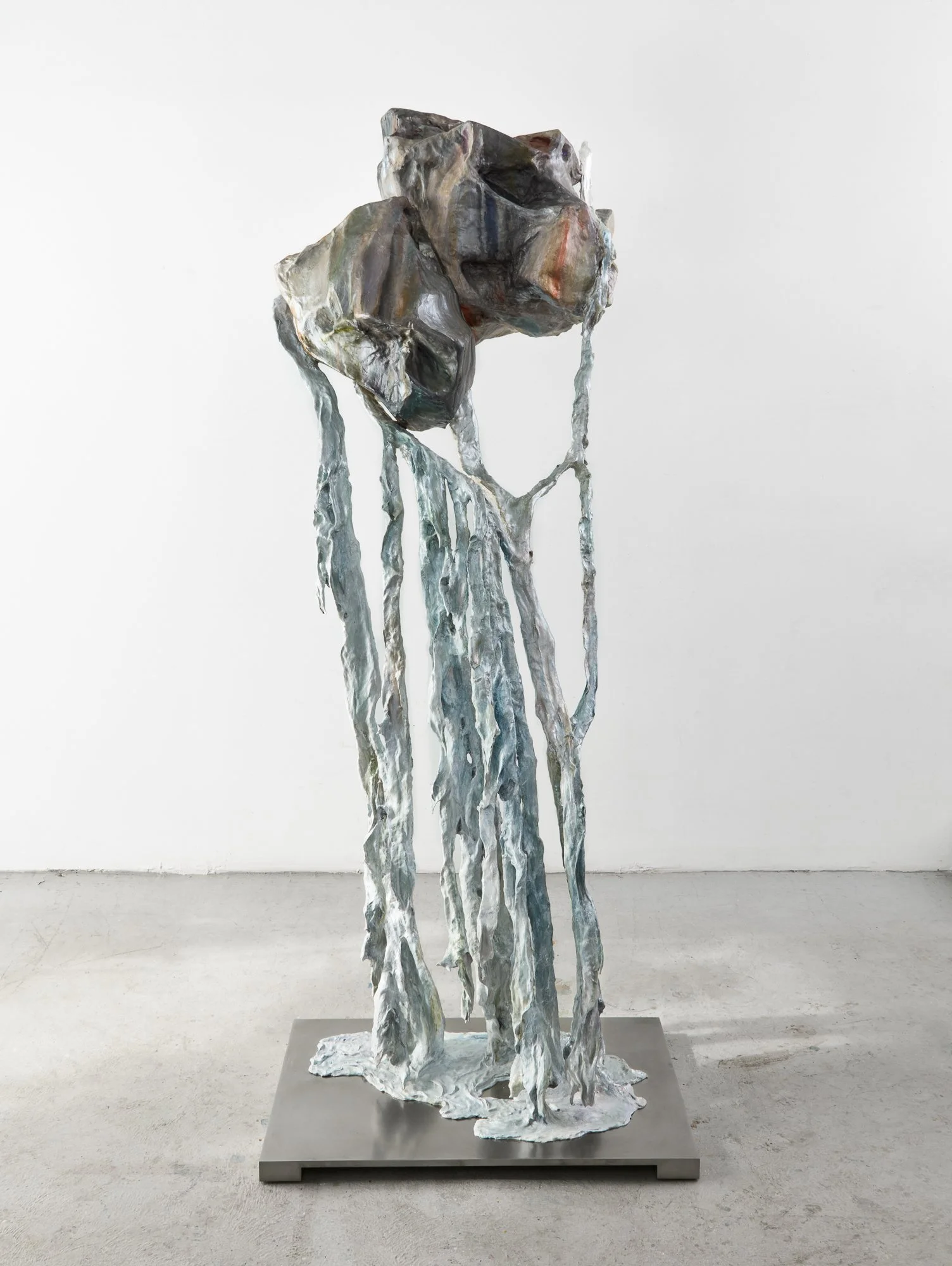 Millard Canyon Falls, 2017. Steel, aluminum mesh, aqua resin, fiber glass cloth, and paint,
77 x 40 x 30 inches (195.5 x 101.6 x 6.2 cm),
Stainless steel base: 1.5 x 19 x 31 inches (3.8 x 48.2 x 78.7 cm)