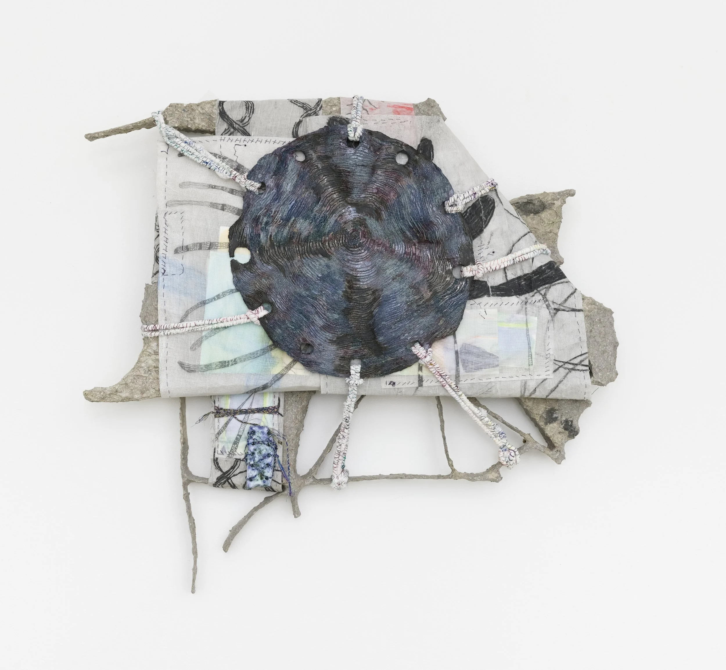 Codex 17, 2021. Papier maché, wire, glazed ceramic, handmade cords, yarn, transparent paper, paper, graphite, charcoal, watercolor, muslin, 56 x 61 cm (22 x 24 in).