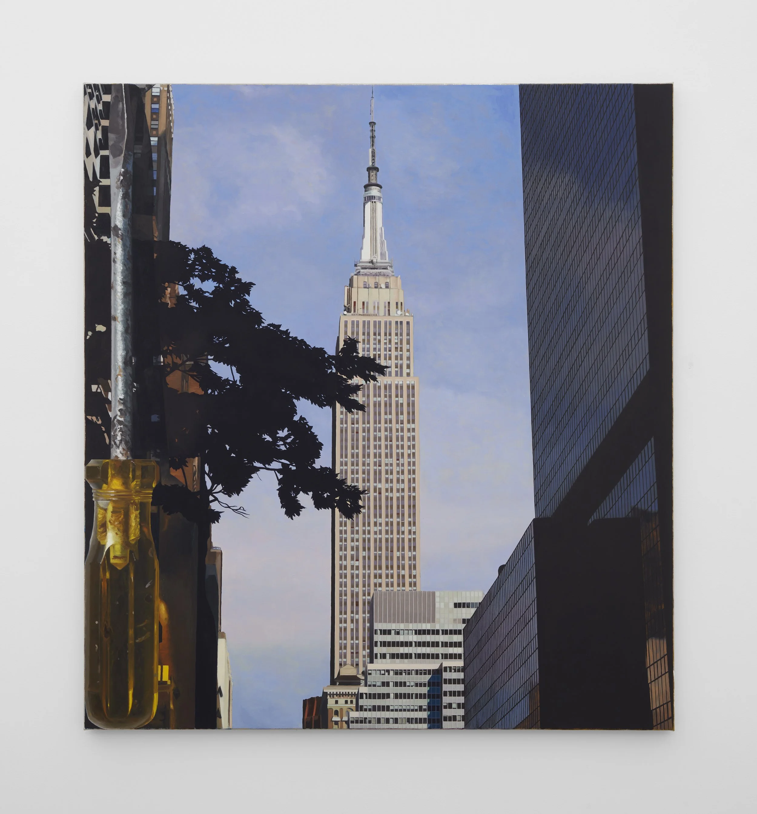Empire State Building with Screwdriver, 2026. Oil on canvas, 47 x 43 in (109.2 x 119.3 cm)
