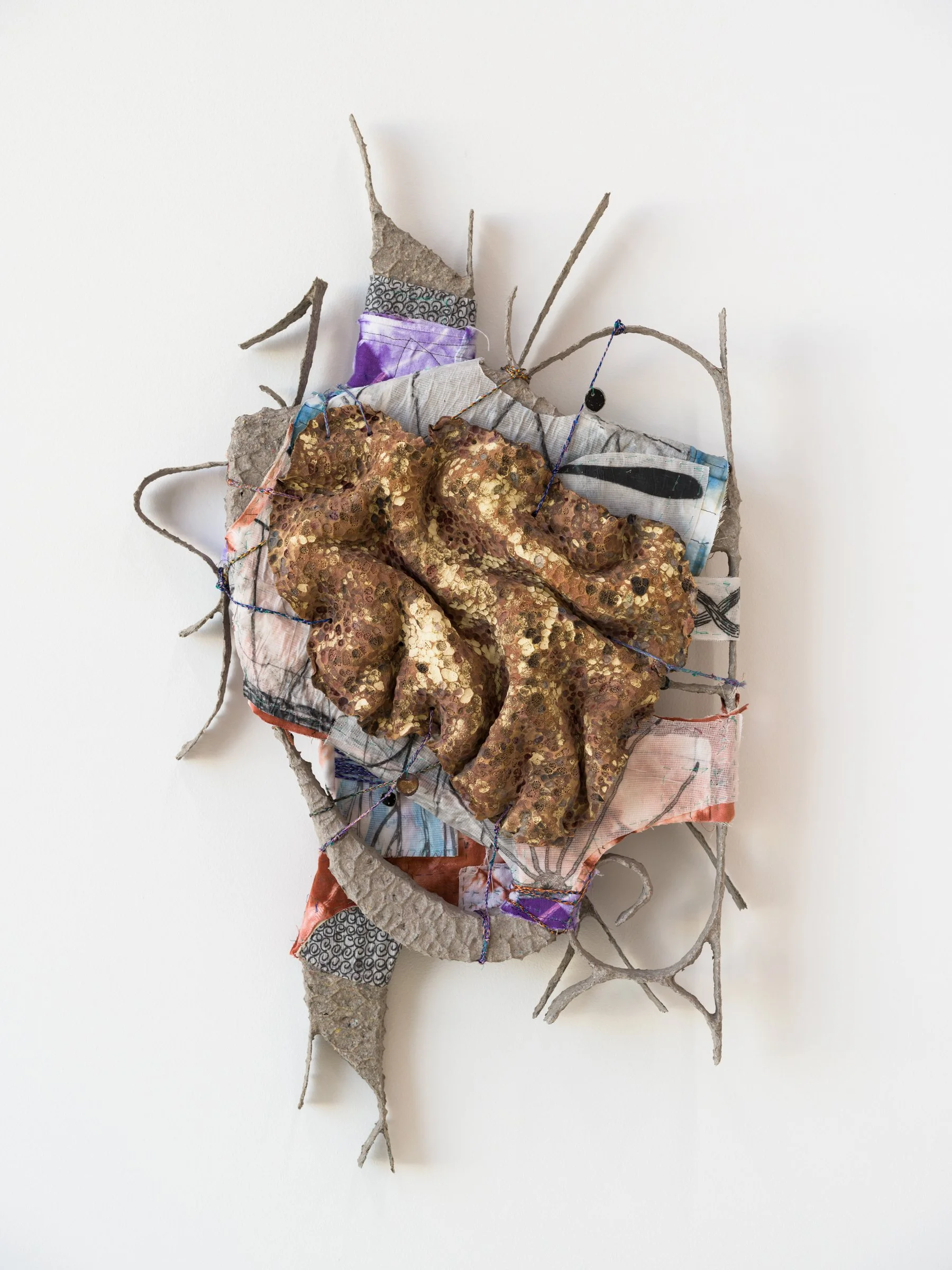 Codex 35, 2023. Paper maché, wire, glazed ceramic, yarn, transparent paper, paper, graphite, charcoal, watercolor, muslin, hand dyed fabric, hand made cords, 31 x 18 x 4 in (78.74 x 45.72 x 10.16 in).