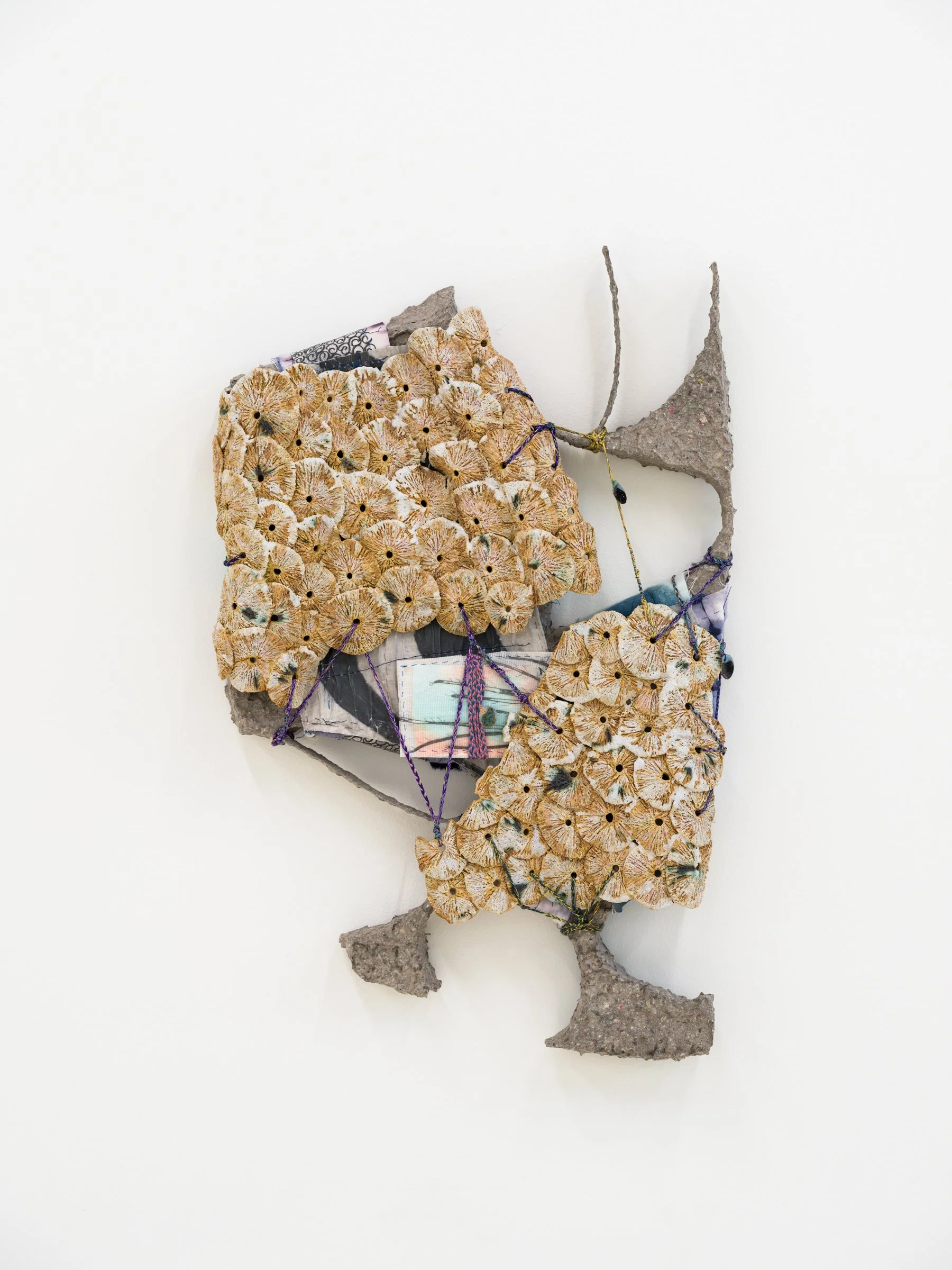 Codex 31, 2023. Paper maché, wire, glazed ceramic, yarn, transparent paper, paper, graphite, charcoal, watercolor, muslin, hand dyed fabric, hand made cords, 23 x 15 x 3 in (58.4 x 38 x 7.62 cm).