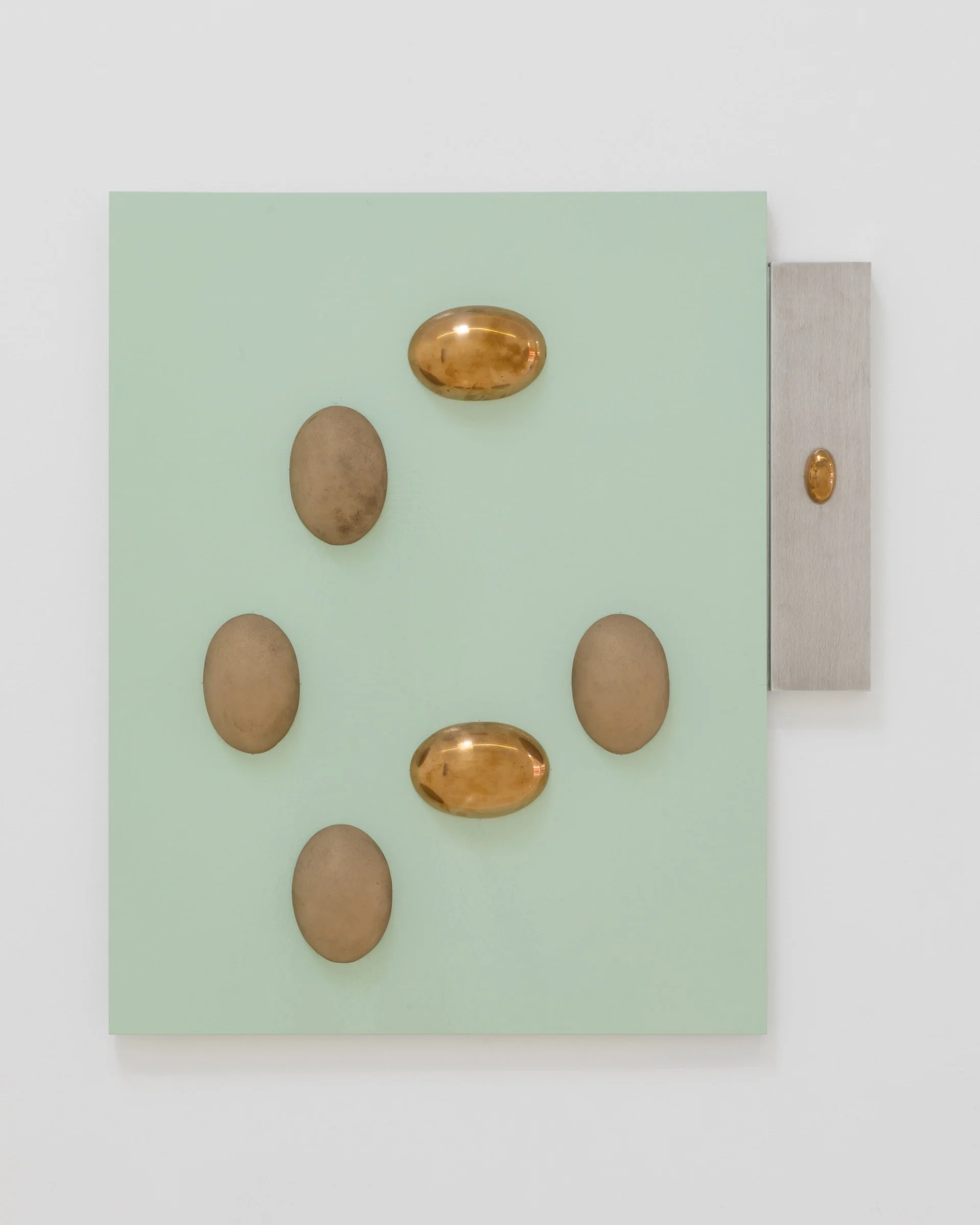 Honen's Visitor, 2025. Cast bronze, aluminum and painted wood, 35 1/2 x 32 x 2 1/2 in (90.2 x 81.3 x 6.3 cm)