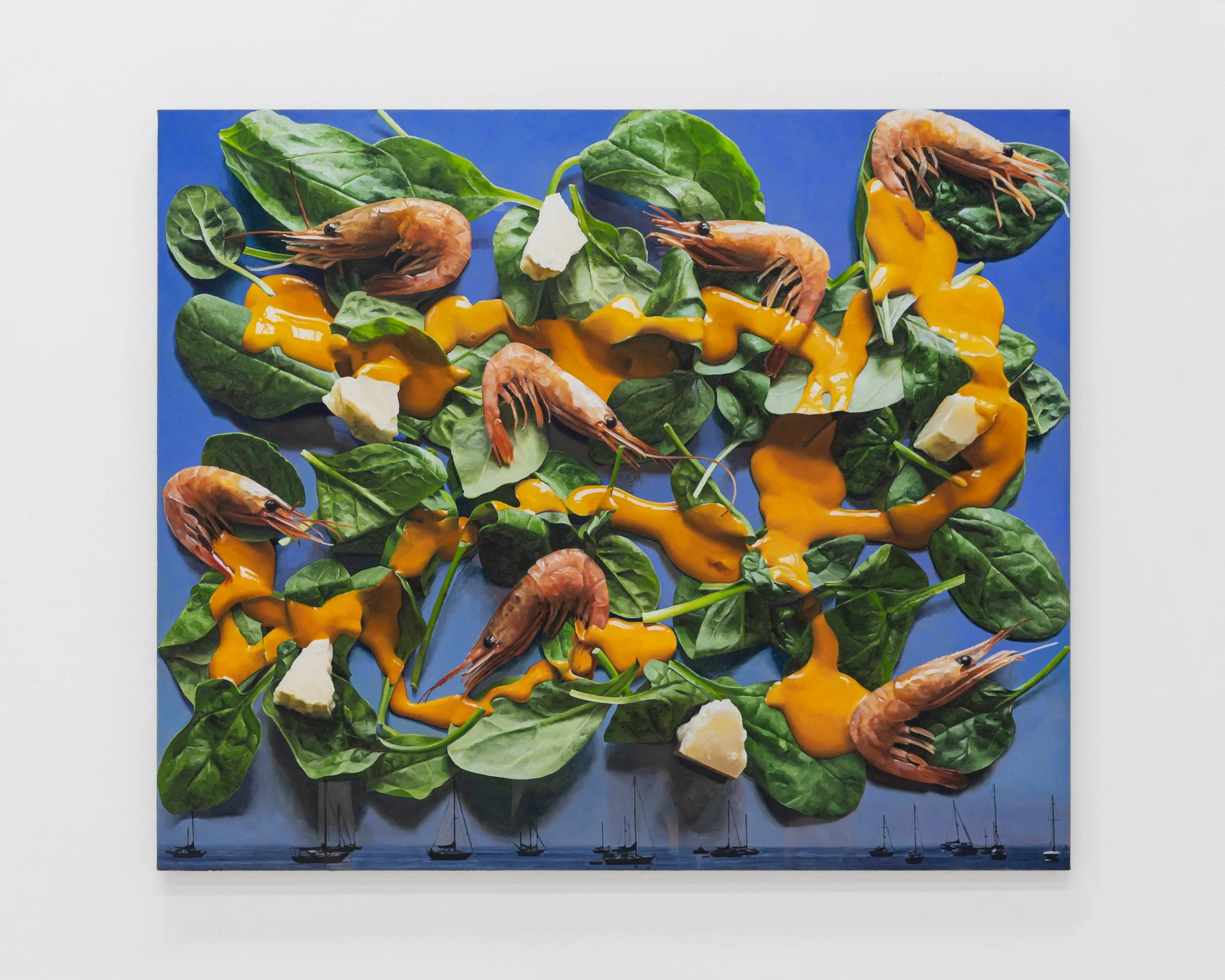 Santa Barbara salad with sailboats, shrimp, and pecorino, 2025. Oil on linen, 30 x 36 in (76.2 x 91.4 cm)
