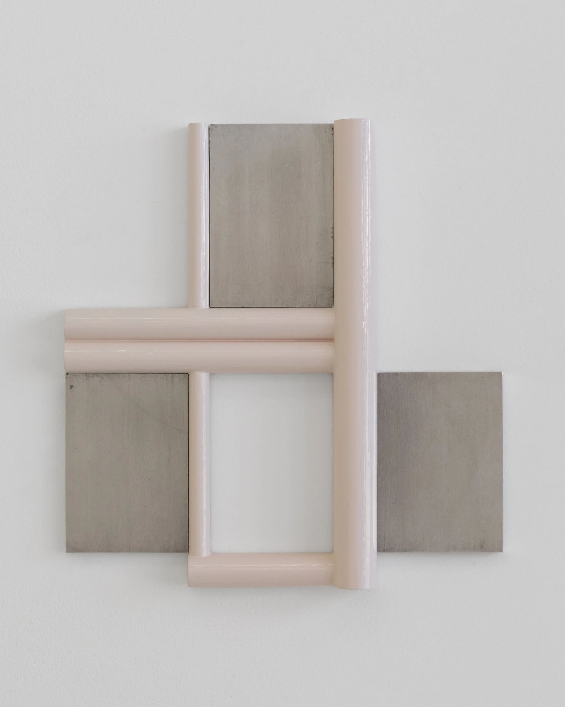 Untitled, 2025. Painted cherry wood and aluminum, 14 3/4 x 14 1/4 x 1 3/4 in (37.5 x 36.2 x 4.4 cm)