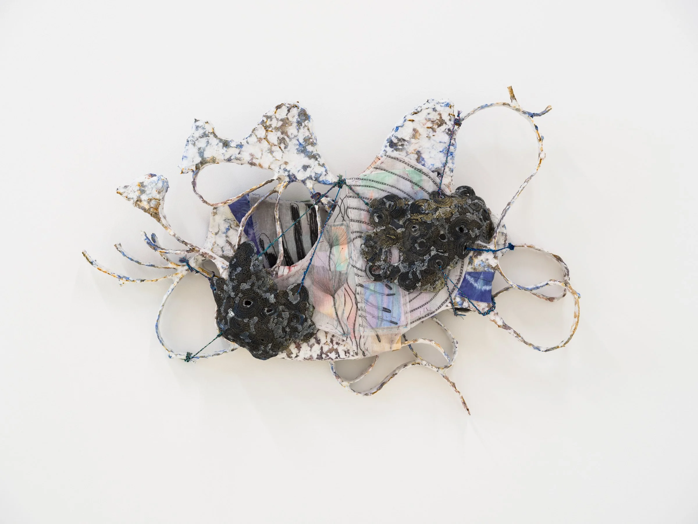 Codex 40, 2023. Paper maché, wire, glazed ceramic, yarn, transparent paper, paper, graphite, charcoal, watercolor, muslin, hand dyed fabric, hand made cords, 30 x 21 x 5 in (76.2 x 53.34 x 12.7 cm).