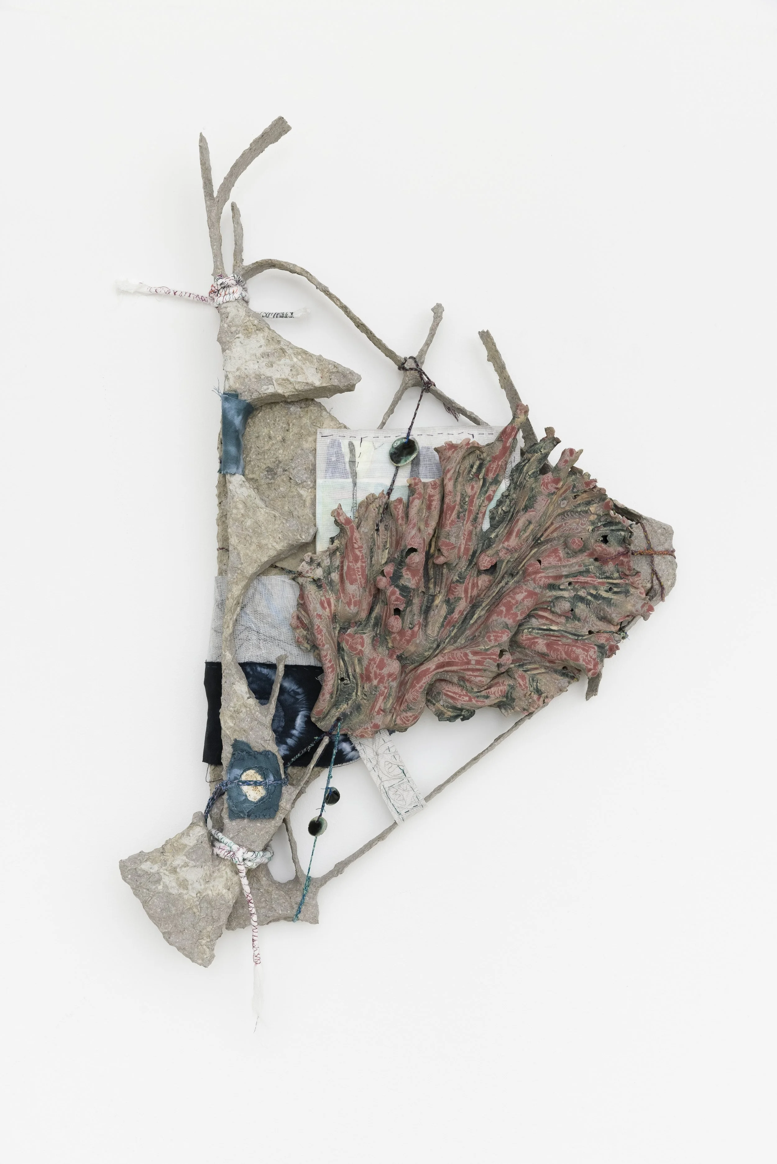 Codex 16, 2021. Papier maché, wire, glazed ceramic, handmade cords, yarn, transparent paper, paper, graphite, watercolor, muslin, hand dyed fabric, 70 x 39 cm (27.5 x 15.3 in)