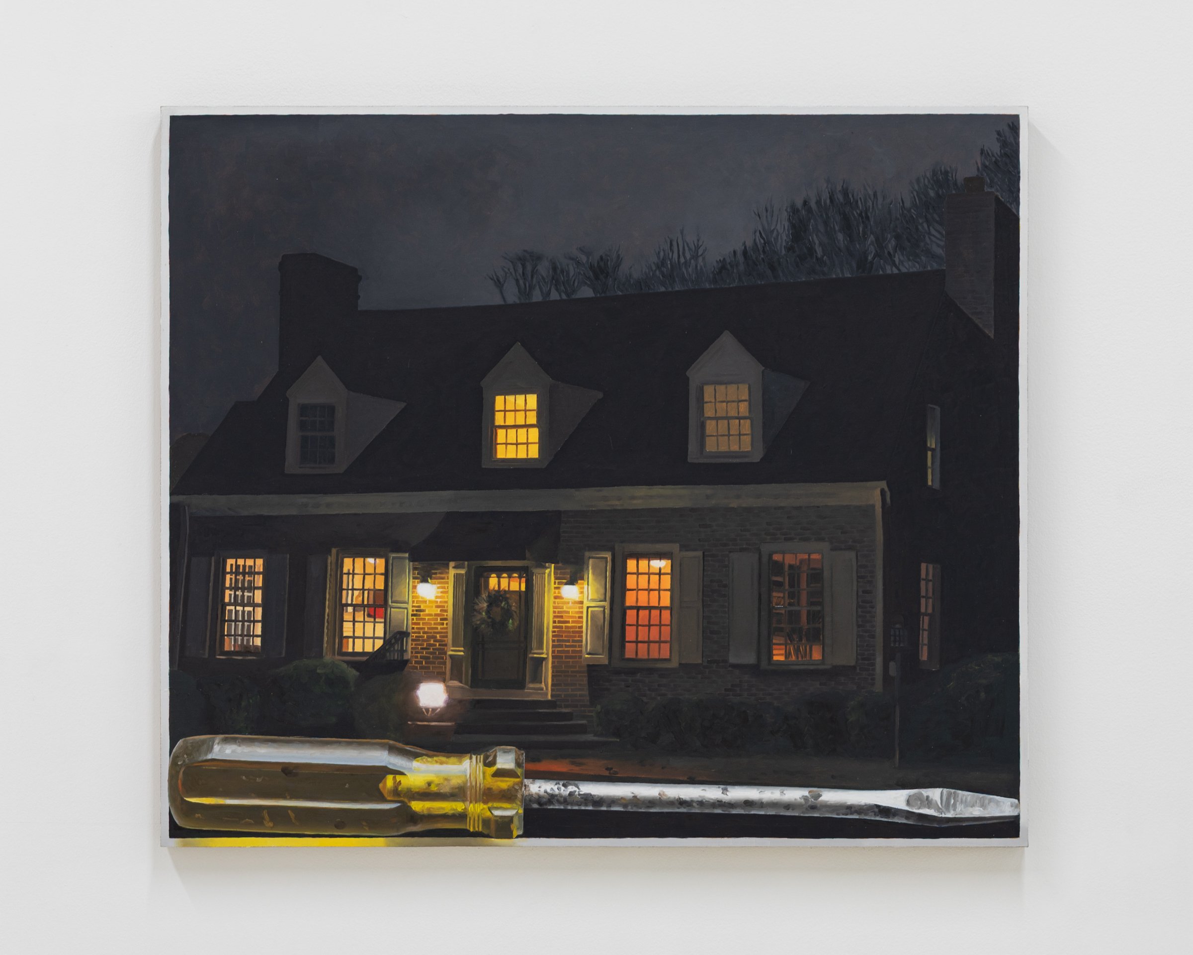 Father-in-law's house with yellow screwdriver, 2025. Oil on linen, 23 x 26 in (58.4 x 66 cm)