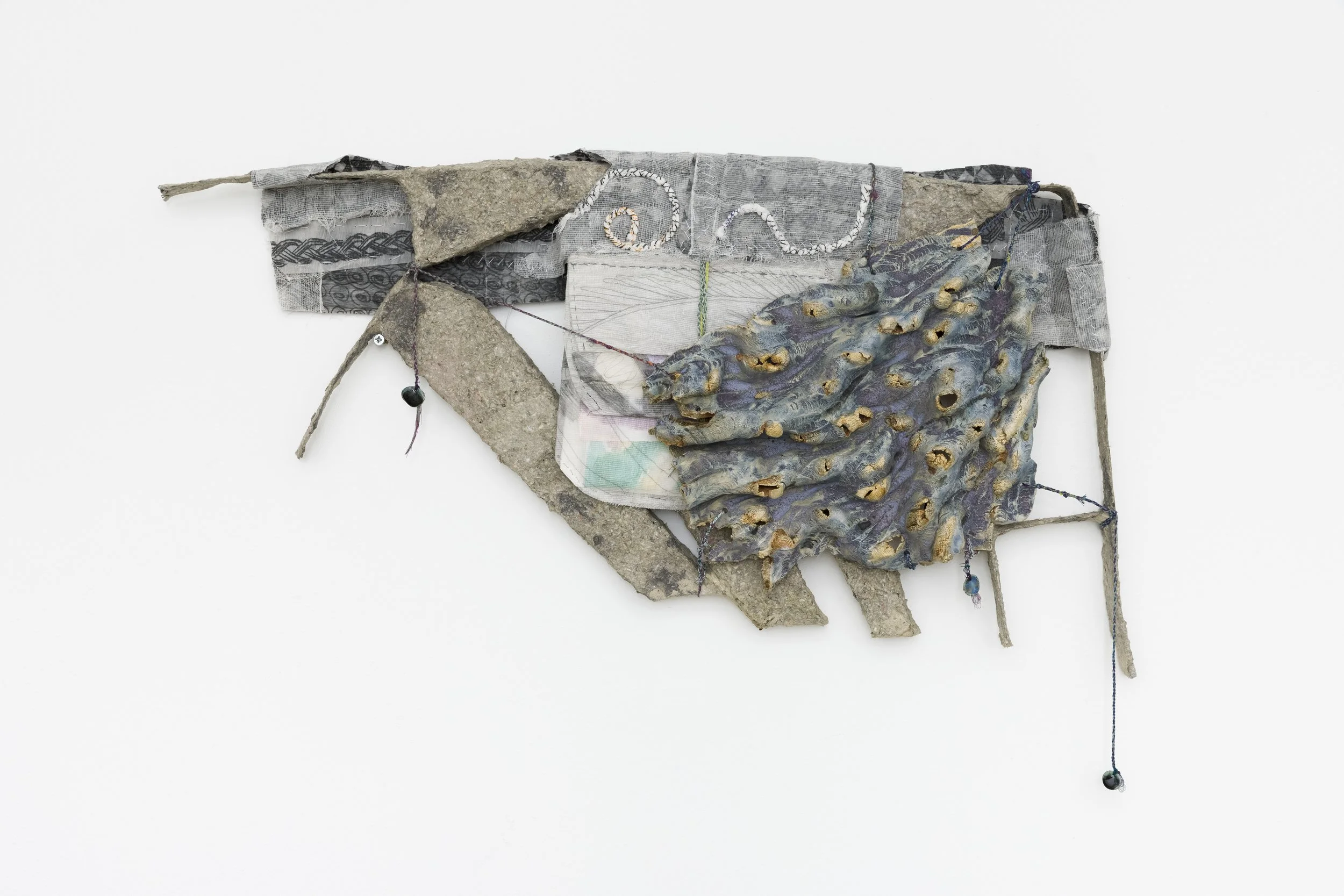 Codex 3 (letters), 2020-2021. Ceramic, papier maché, wire, yarn, handmade cords, paper, musselin, graphite, charcoal, watercolor, 48 x 86 cm (18.89 x 33.85 in)