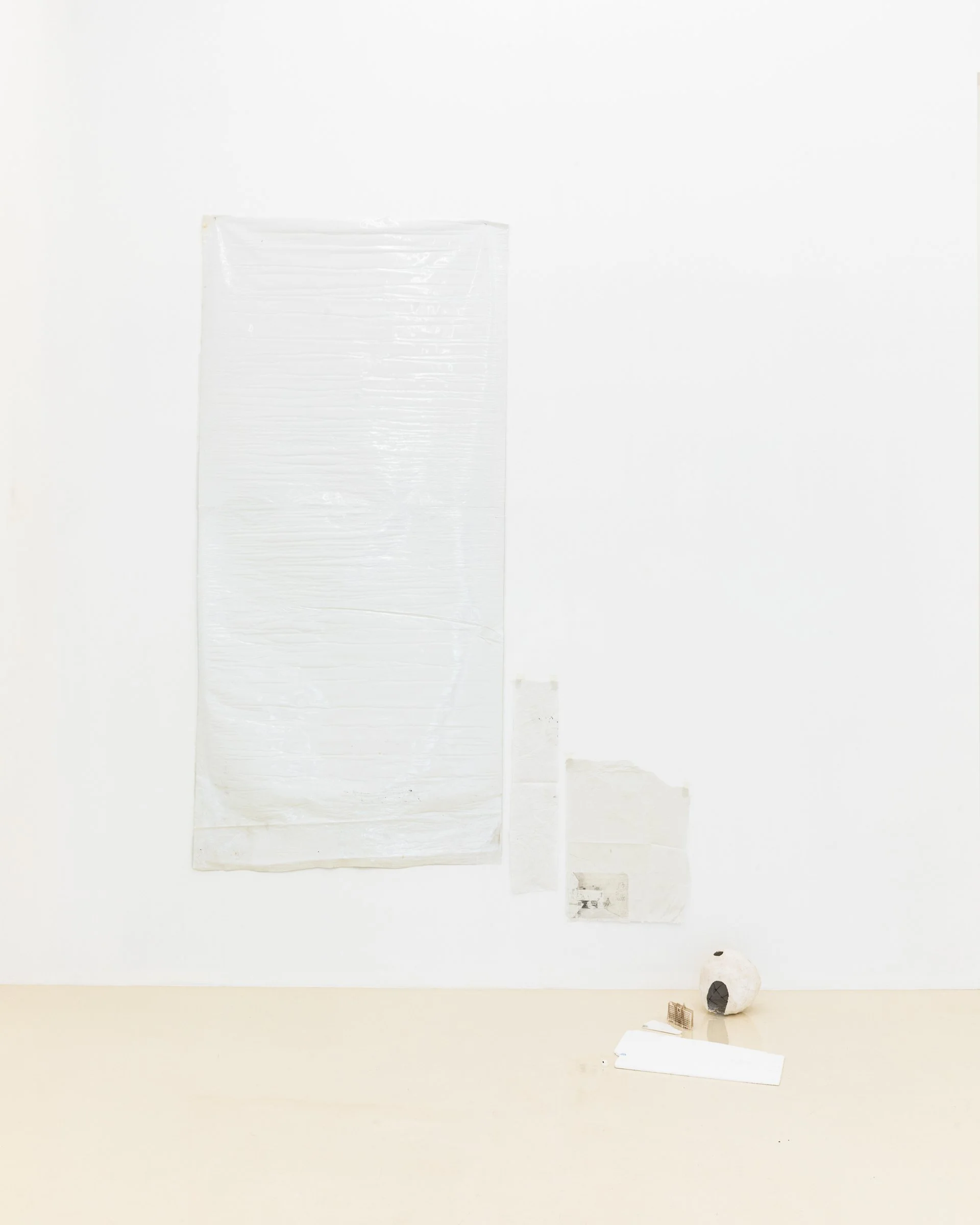health house, Lovell, 2025. Polythene element, 50 x 16 in (127 x 40.6 cm) Acrylic, pencil, varnish on hanji paper, 29 x 21 1/2 in (73.7 x 54.6 cm) Model: Cardboard, acetate, paper, vinyl, 20 x 29 1/2 x 10 1/4 in (50.8 x 74.9 x 26 cm)