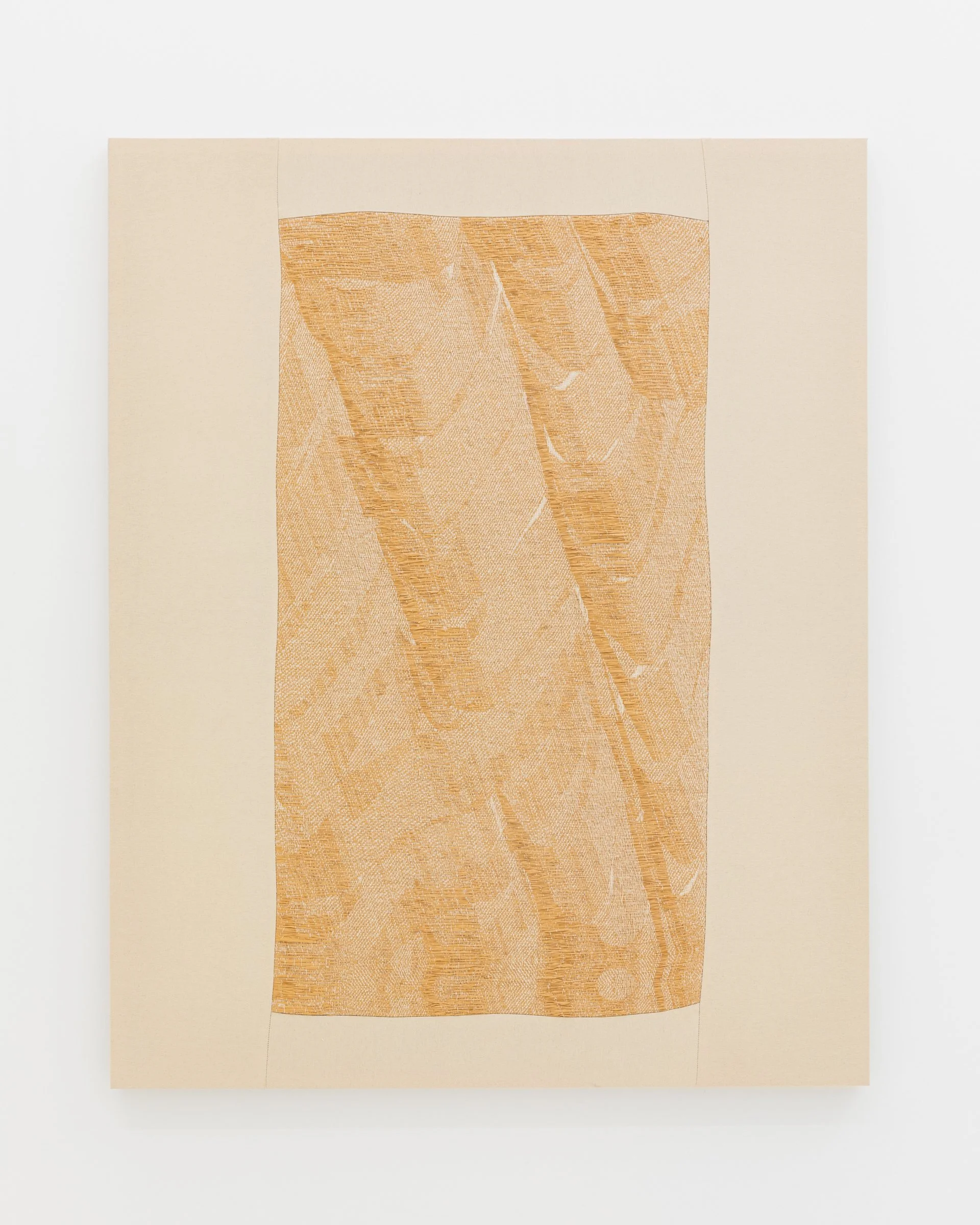 Jovencio de la Paz, Cumulative Shadow 2.2, 2021 - 2025. Handwoven, Jacquard textile, cotton and palm raffia, 46 x 60 x 2 in (116.8 x 152.4 x 5.1 cm)
