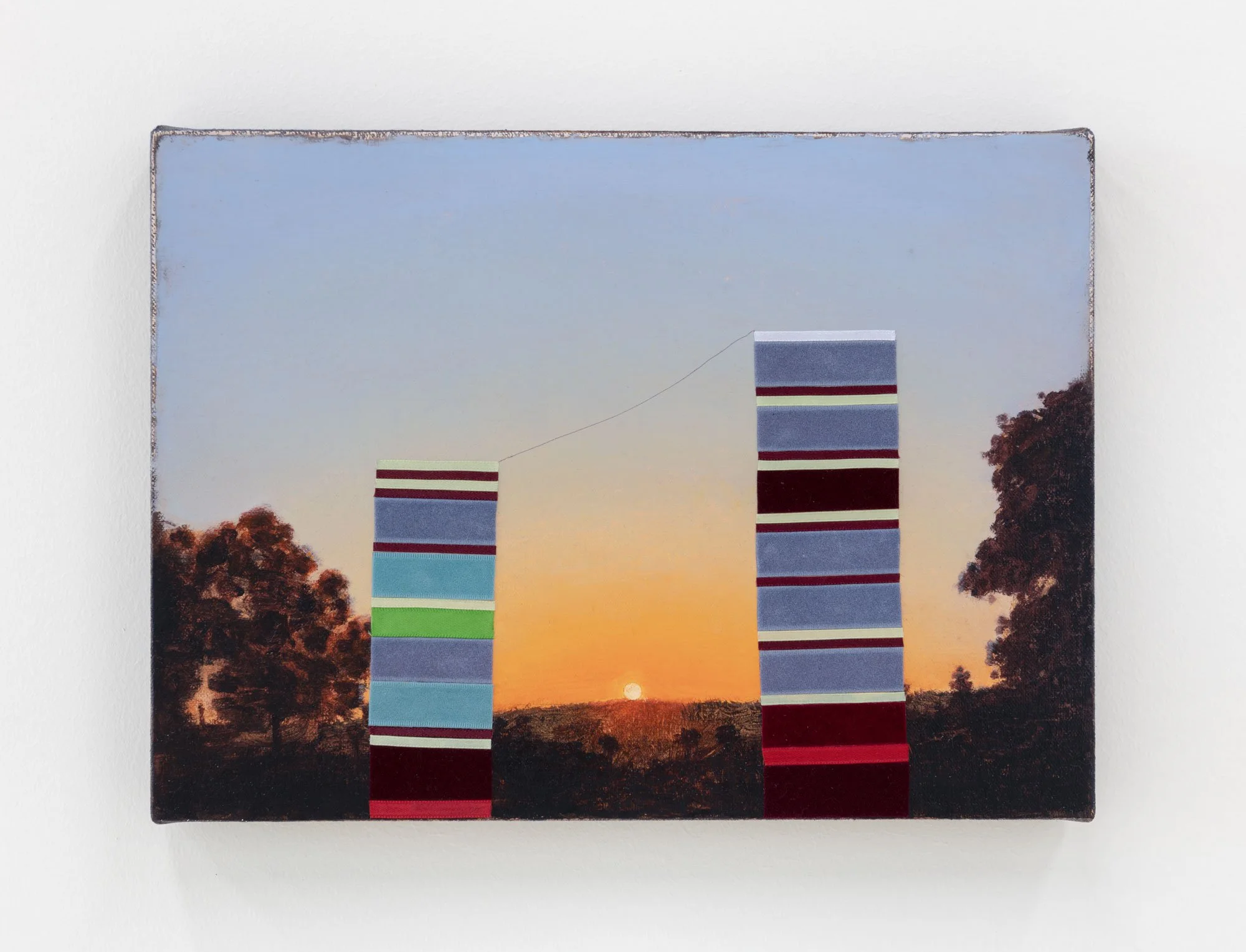 Electronic Music, 2022. Oil, ribbon, and ballpoint pen on canvas, 9.5 x 13 in (24.13 x 33.02 cm)