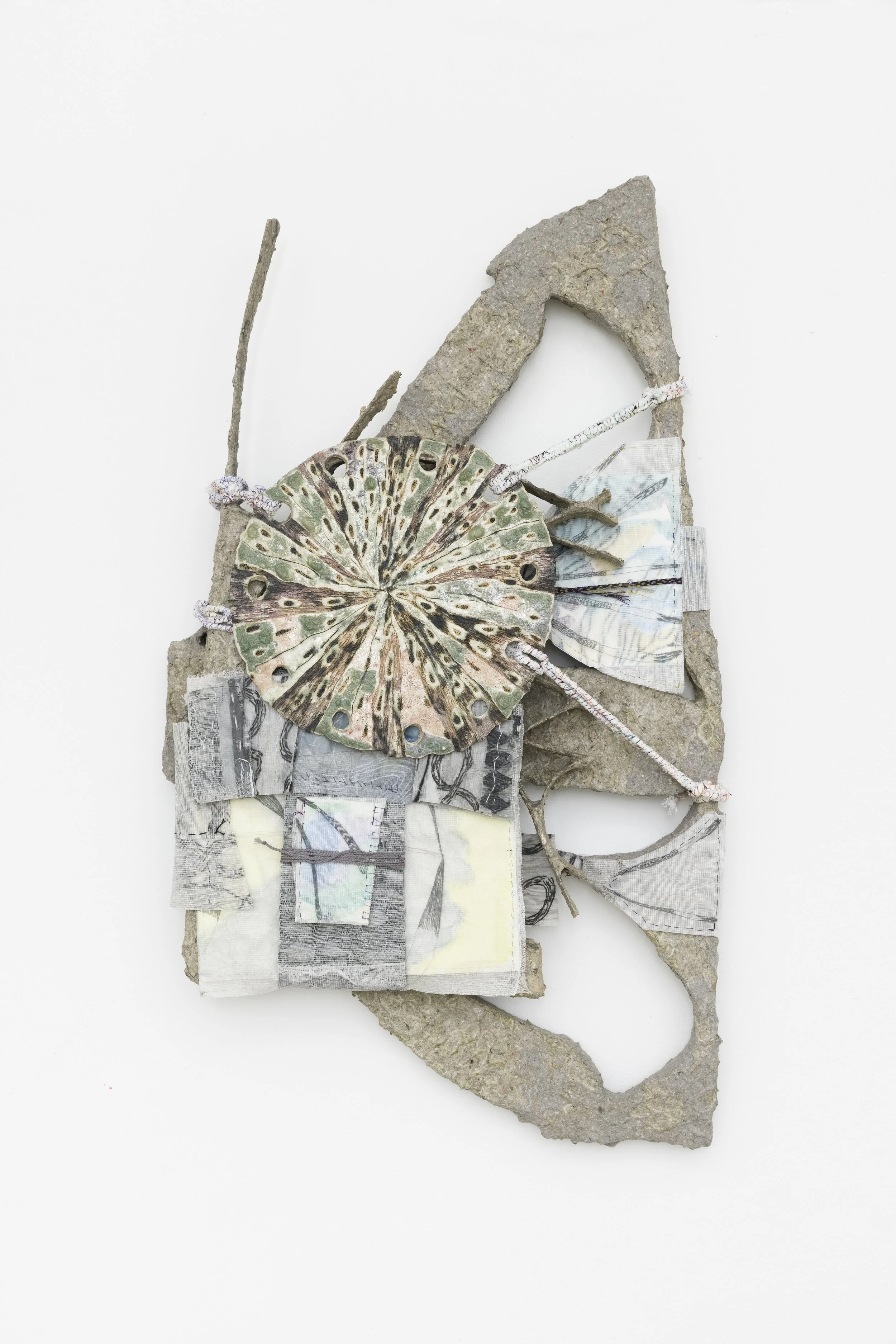 Codex 18, 2021. Ceramic, papier maché, wire, yarn, handmade cords, paper, muslin, graphite, watercolor, 86 x 50 cm (33.85 x 19.58 in)