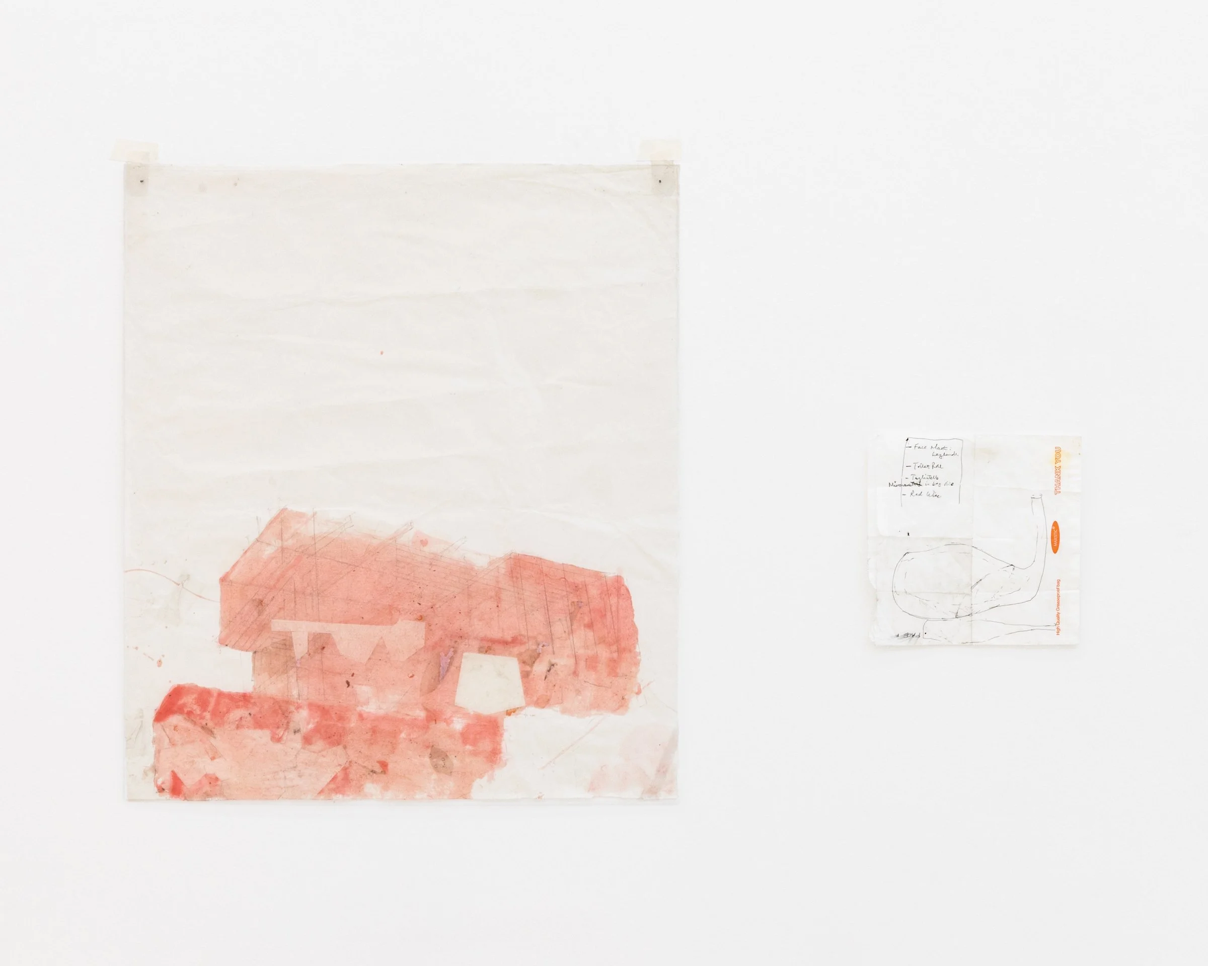 health house pink (small), 2025. Acrylic, pencil, varnish on hanji paper behind plexiglass, 25 1/4 x 29 1/8 in (64 x 74 cm) Ink on found paper, 10 x 10 in (25.4 x 25.4 cm)