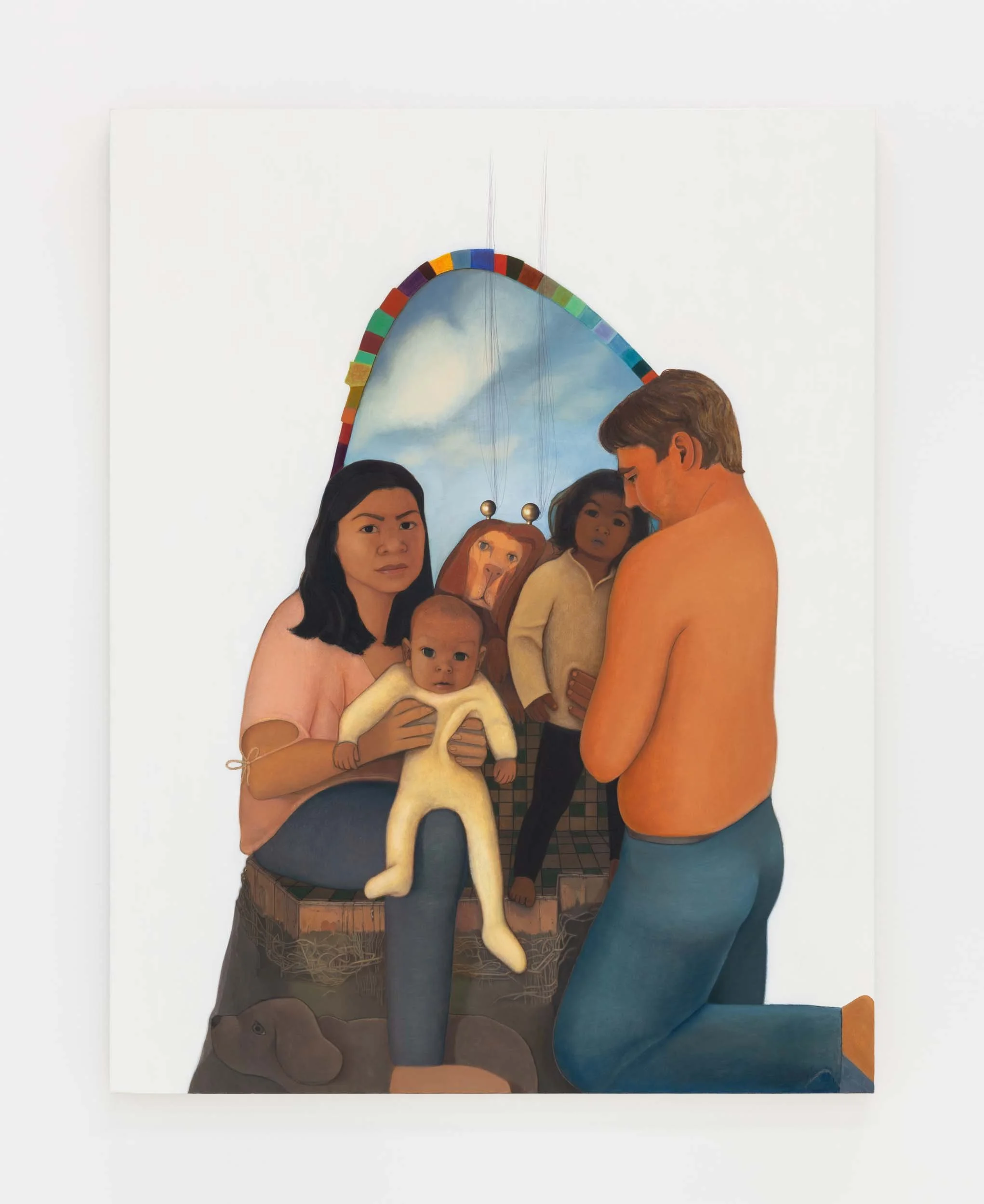 R, J, O, D, 2022. Oil, collage, and ballpoint pen on canvas, 58 x 45 in (147.32 x 114.3 cm)