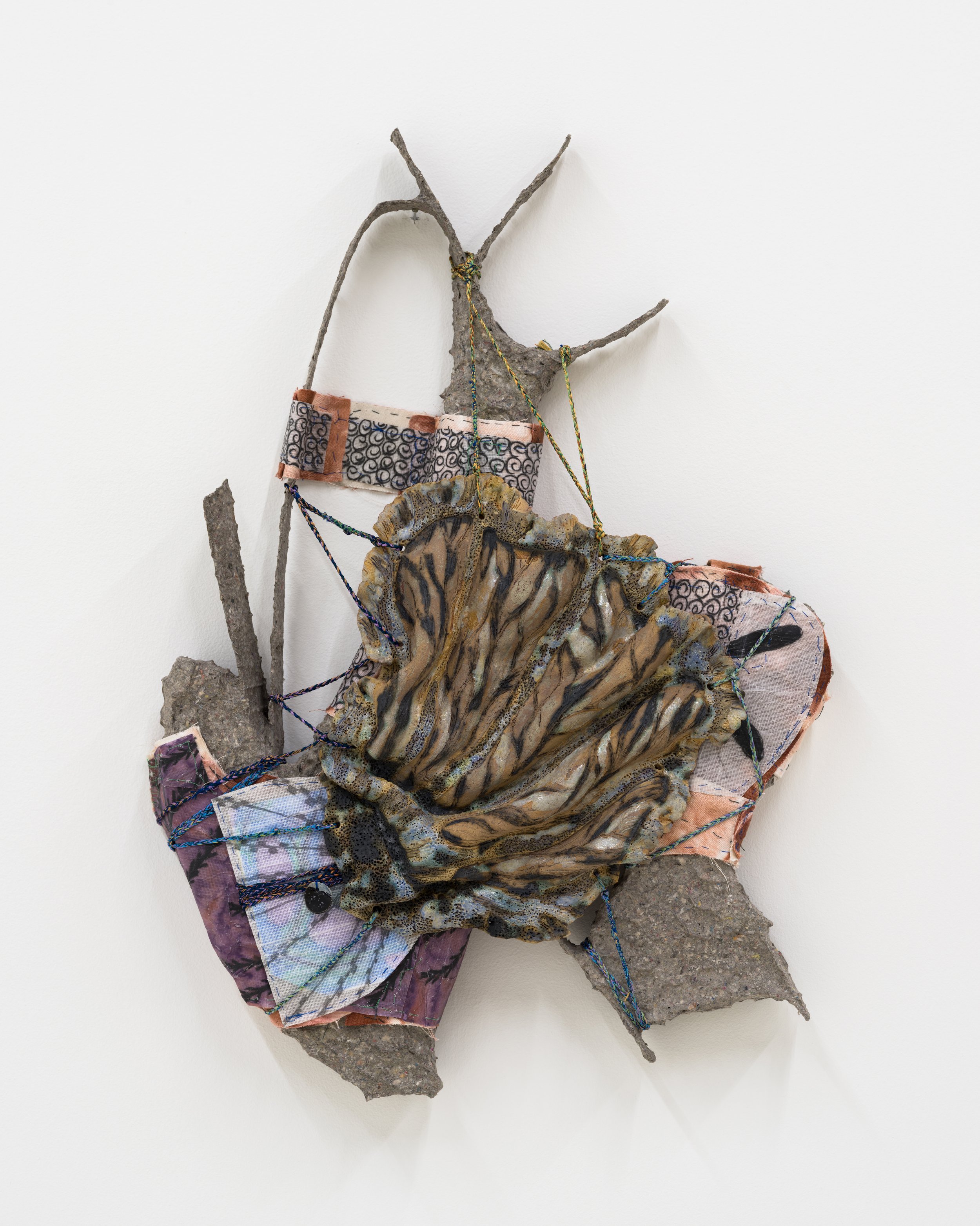 Codex 32, 2023. Paper maché, wire, glazed ceramic, yarn, transparent paper, paper, graphite, charcoal, watercolor, muslin, hand dyed fabric, hand made cords, 21 x 14 x 2 1/2 in (53.34 x 35.56 x 6.35 cm)