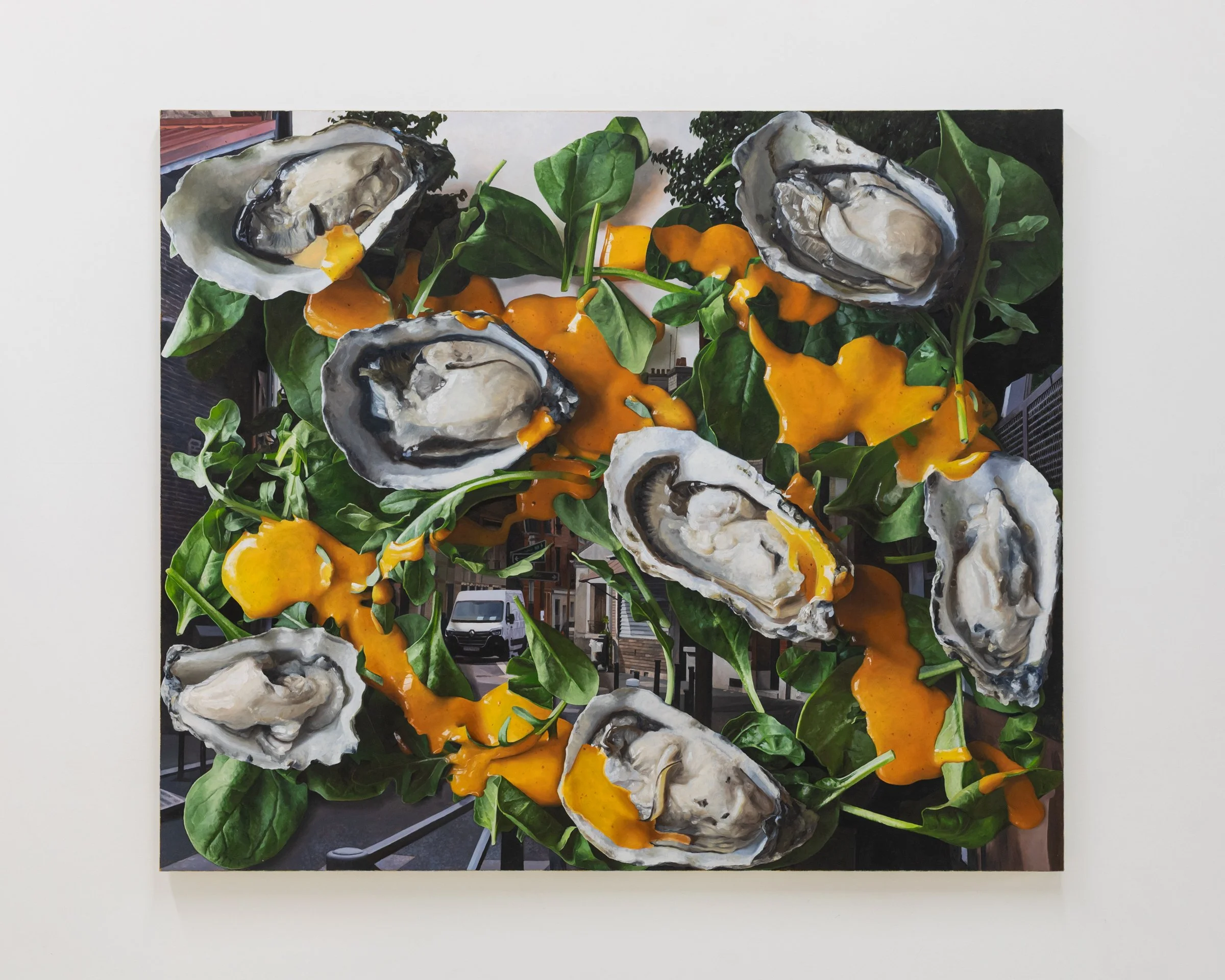 Mixed salad with Paris street and oysters, 2025. Oil on canvas, 48 x 60 in (121.9 x 152.4 cm)