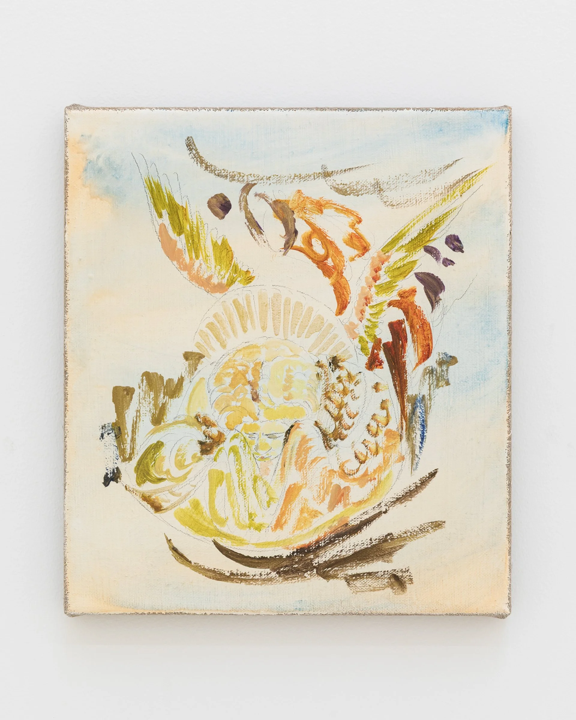 Lamento (1), 2025. Wax pencil and oil on linen, 13 x 11 3/8 in (33 x 29 cm)