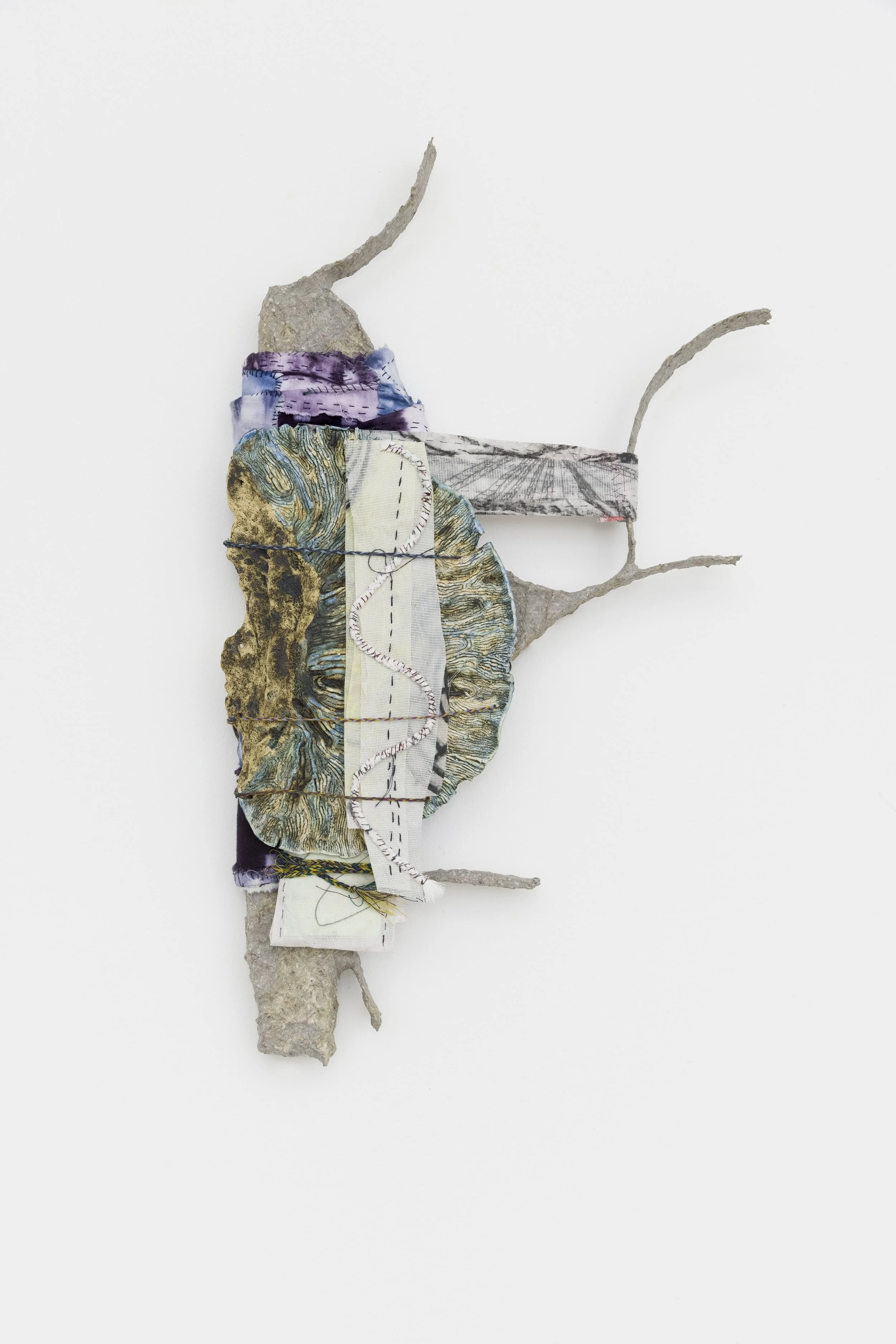 Codex 14, 2021. Papier maché, wire, glazed ceramic, handmade cords, yarn, transparent paper, paper, graphite, charcoal, watercolor, muslin, hand dyed fabric, 57 x 33 cm (22.4 x 12.9 in).