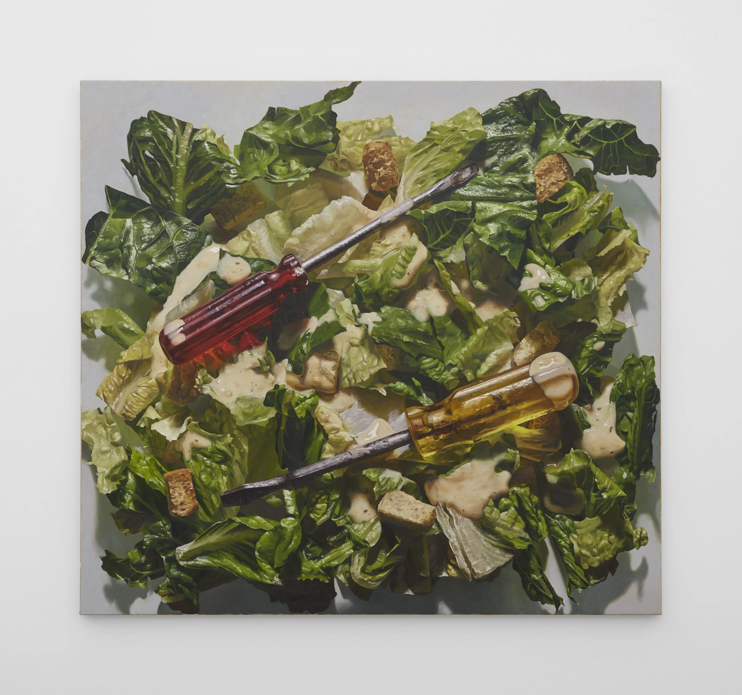 Caesar Salad with Two Screwdrivers, 2026. Oil on canvas, 43 x 47 in (109.2 x 119.3 cm)