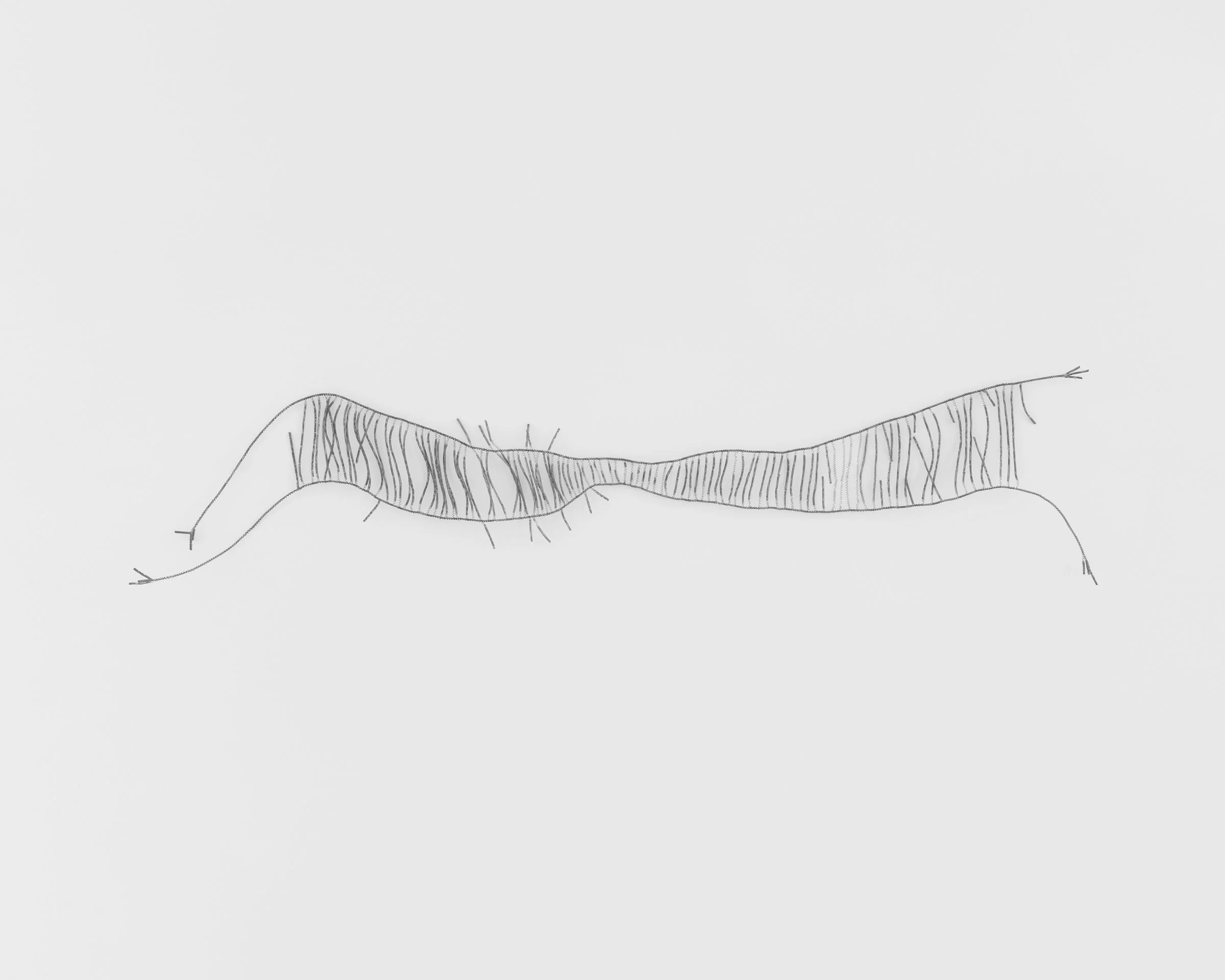 Kanitha Tith, Untitled (9), 2025. 0.7mm steel wire, 7 1/2 x 74 3/4 x 1 1/8 in (19 x 190 x 3 cm)