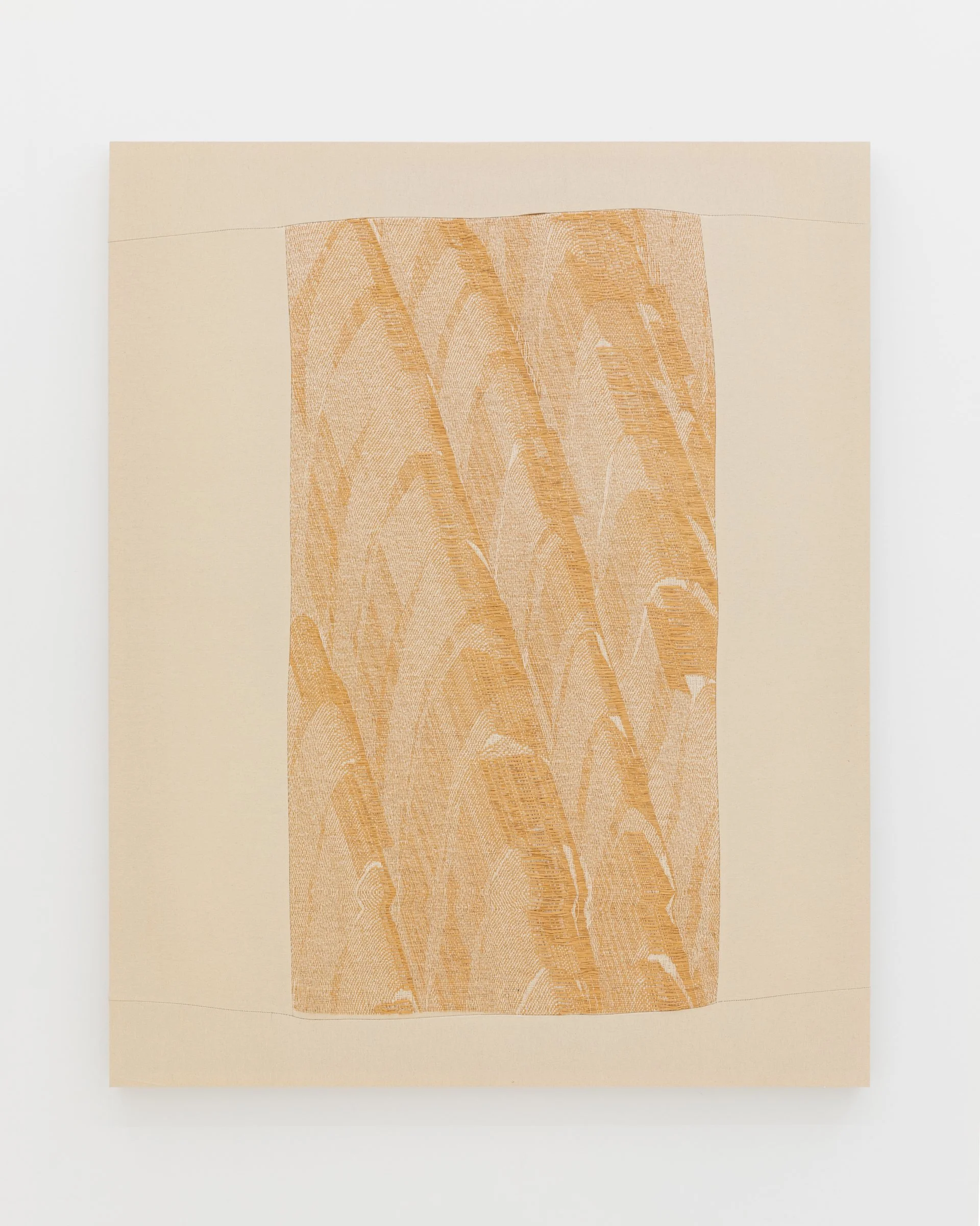 Jovencio de la Paz, Cumulative Shadow 2.1, 2021 - 2025. Handwoven, Jacquard textile, cotton and palm raffia, 46 x 60 x 2 in (116.8 x 152.4 x 5.1 cm)