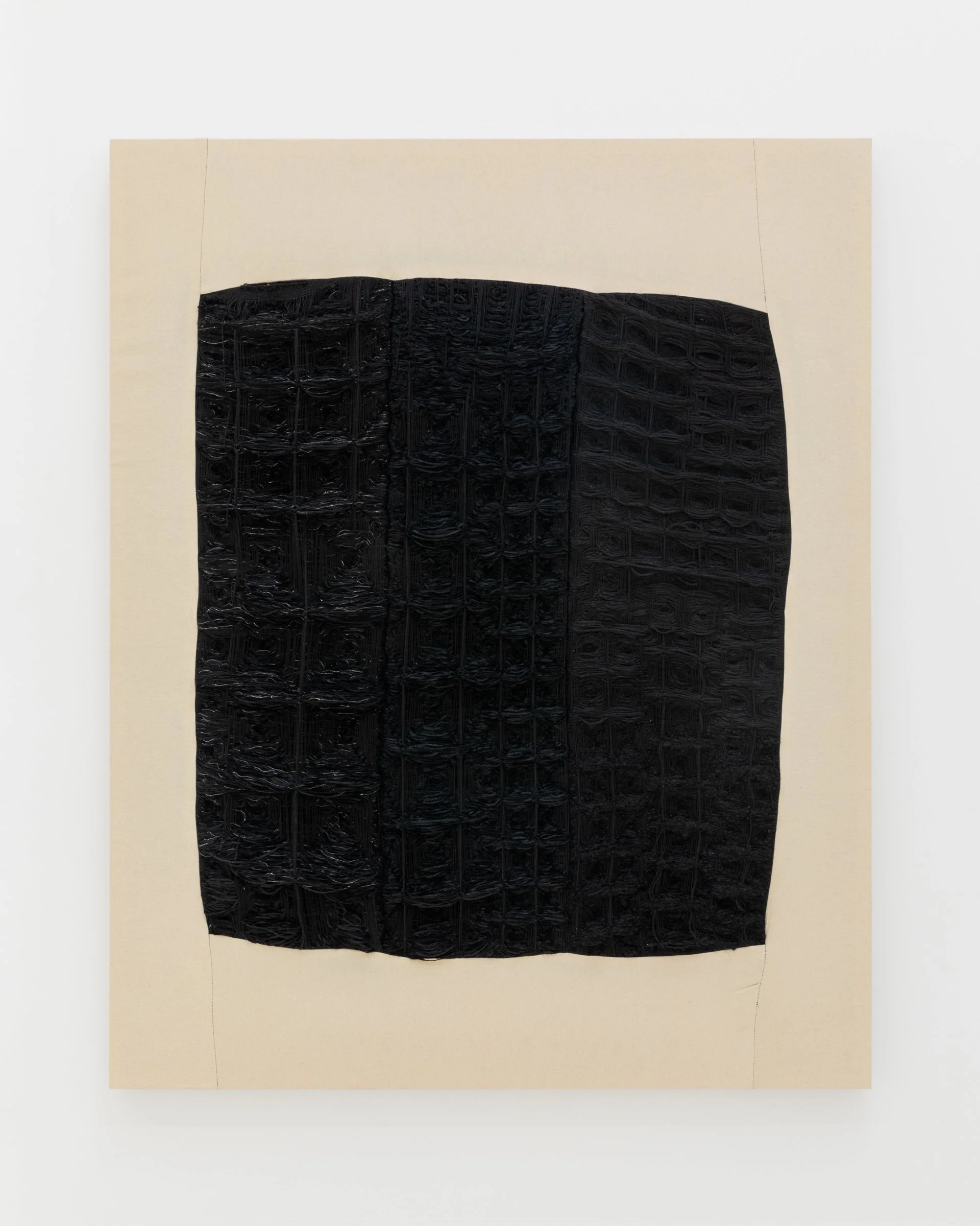 Jovencio de la Paz, Warped Grid 6.2, 2025. Handwoven, Jacquard textile, wool, cotton, and linen, 46 x 60 x 2 in (116.8 x 152.4 x 5.1 cm)