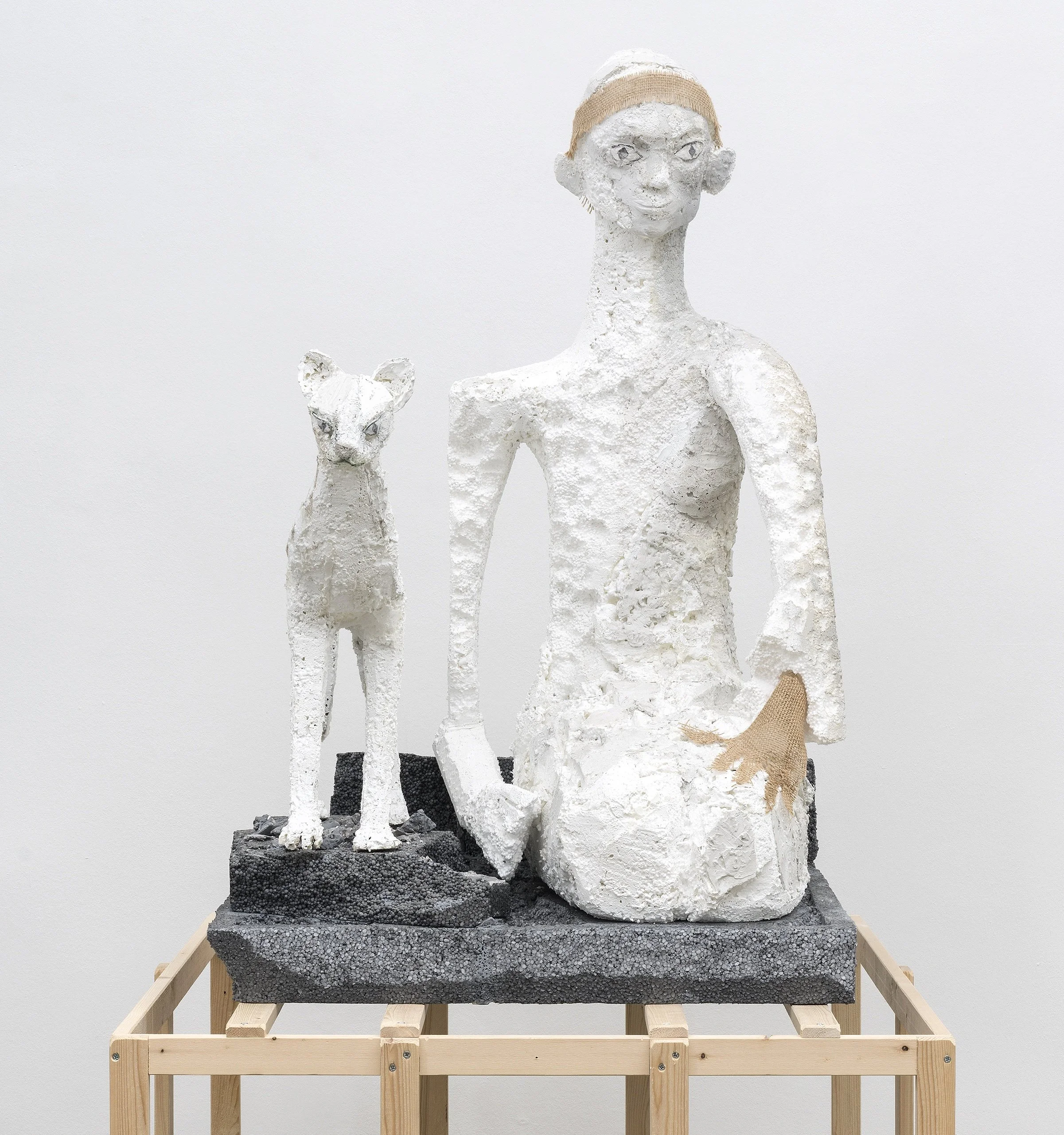 Girl with Cat, 2019. Styrofoam, jute, steel, acrylic paint, Figures: 42 1/8 x 31 7/8 x 27 1/2 in (107 x 81 x 70 cm); Total size: 70 7/8 x 34 5/8 x 35 3/8 in (180 x 88 x 90 cm)