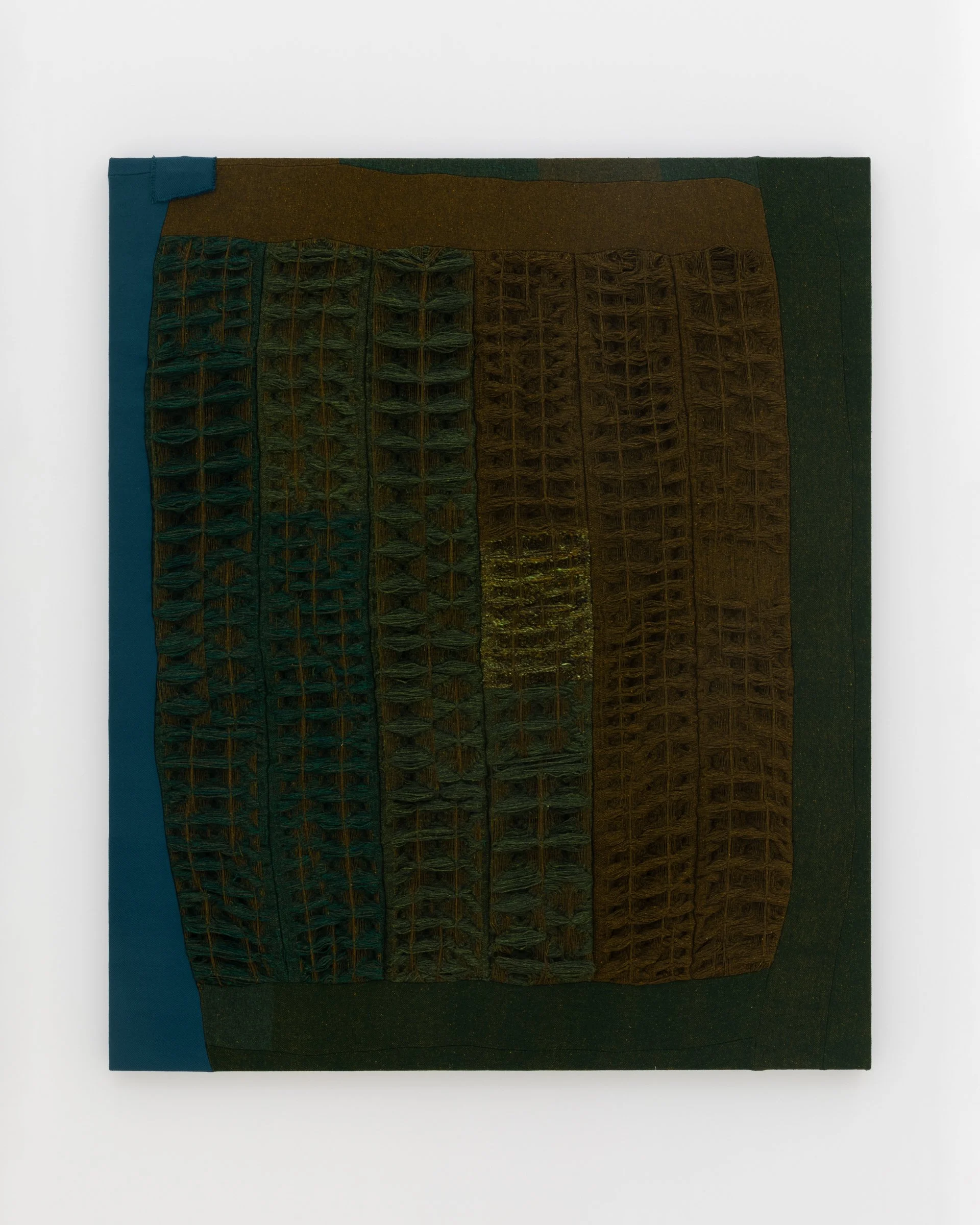 Warped Grid 7.1, 2025. Handwoven, Jacquard textile, and wool, 60 x 72 x 2 in (152.4 x 182.9 x 5.1 cm)