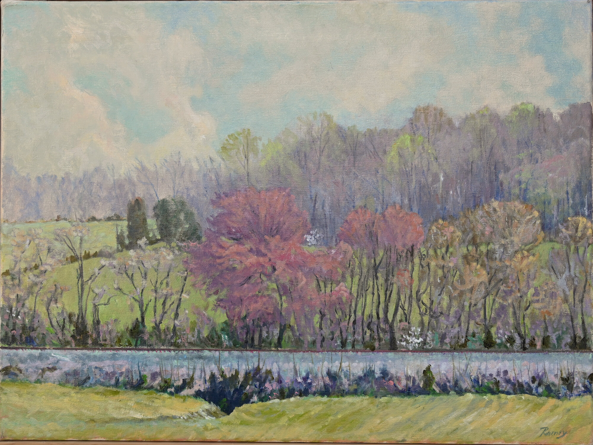 Springtime along the Tracks, Landscape Painting, Oil on Canvas, 18” X 24”