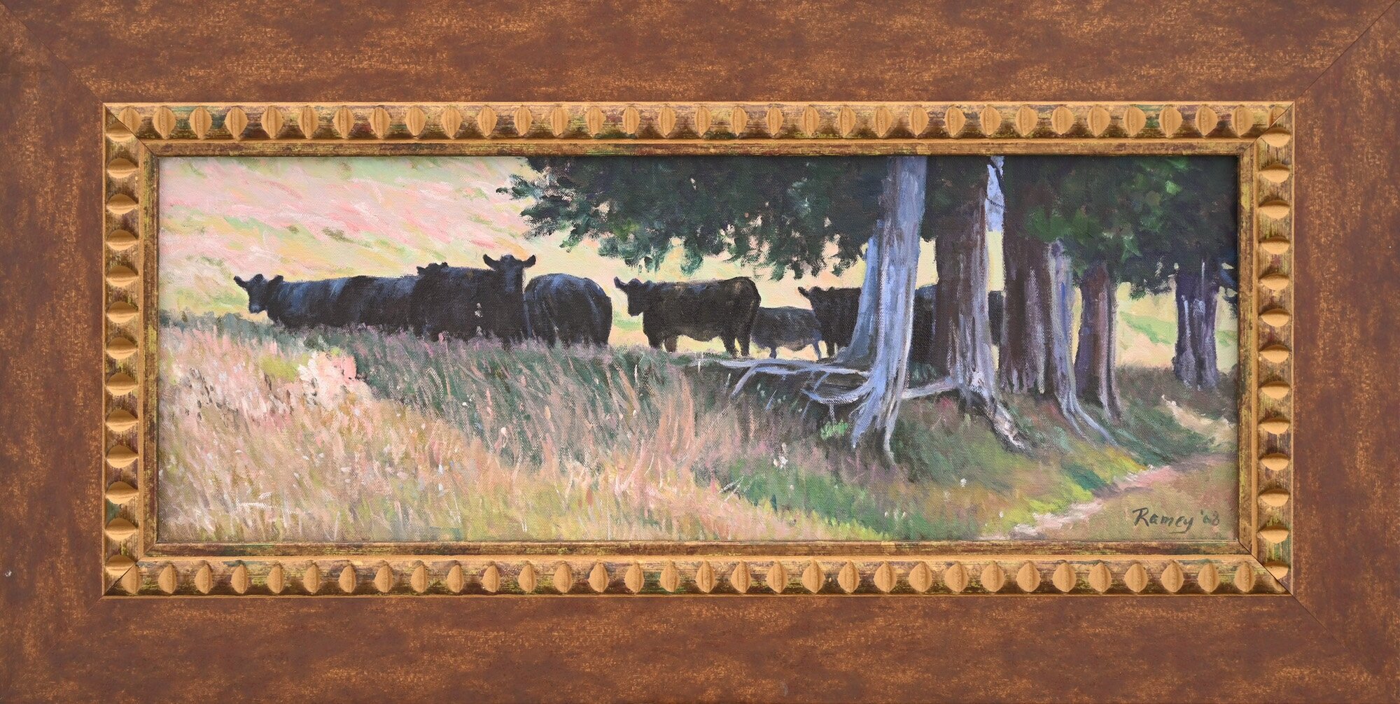 Angus Cows Cooling under Cedars, Oil on Canvas, 9” X 24” Framed