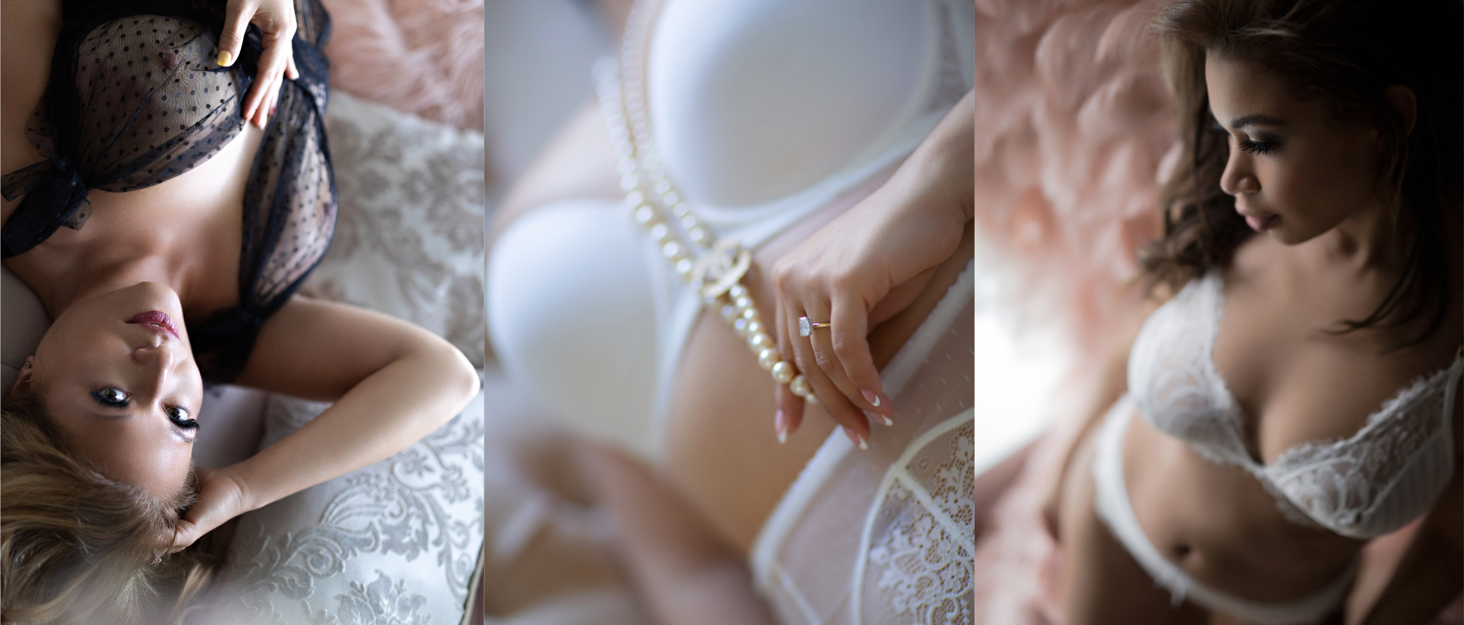 NJ Boudoir from Rumson Studio..collage of 3 beautiful women in lingerie with natural light and beautiful boudoir posing