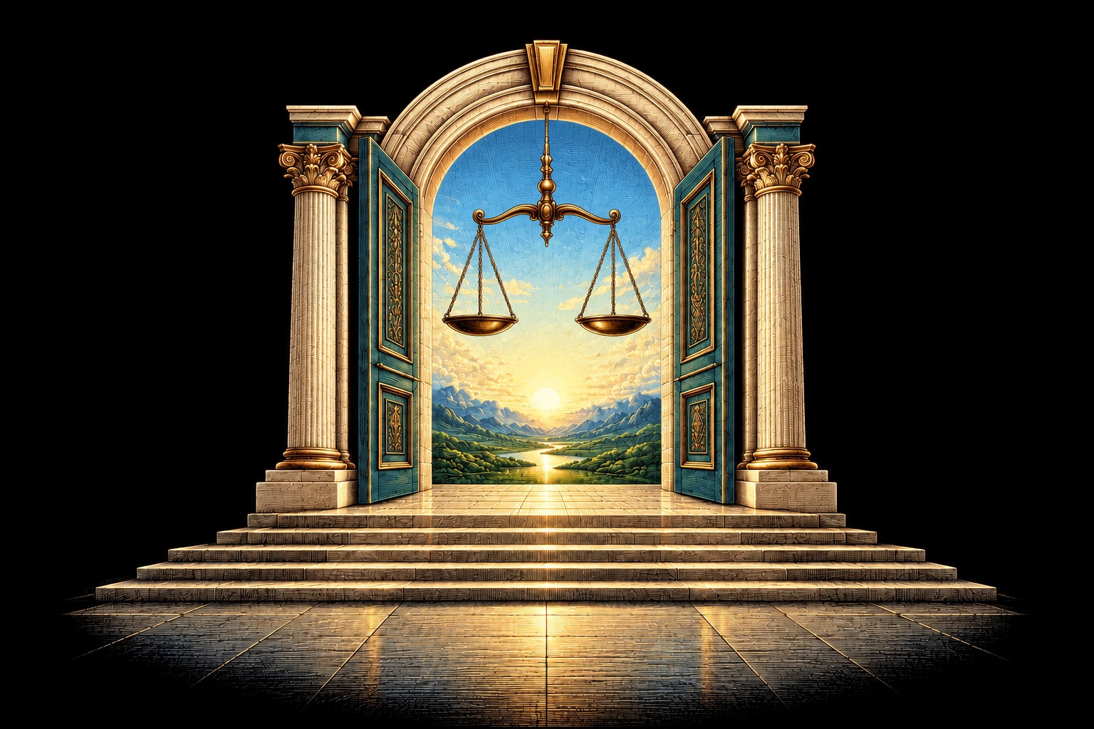An open doorway framing balanced scales and light, symbolizing access to justice.