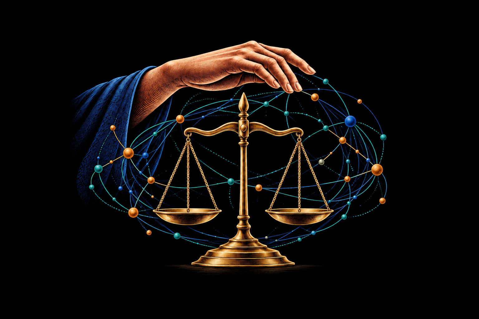 A human hand guiding a connected network around balanced scales, symbolizing technology supporting attorney judgment.