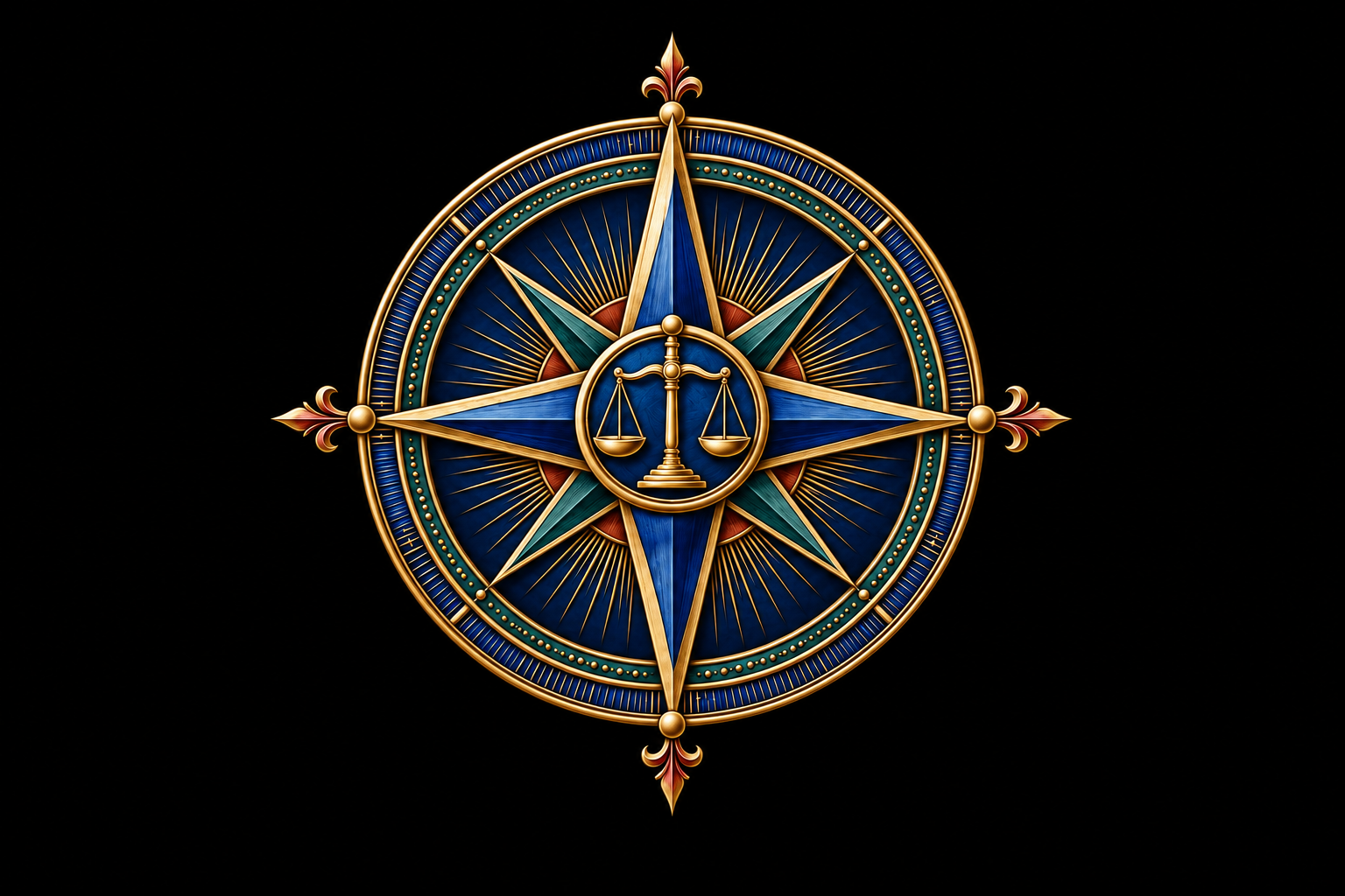 Cobalt and teal compass with warm brass scales, symbolizing integrity and principled direction.