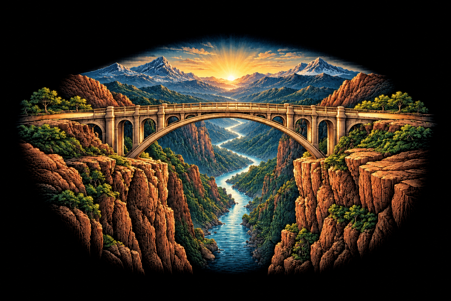 A bridge spanning a deep chasm toward light, symbolizing courageous paths forward.