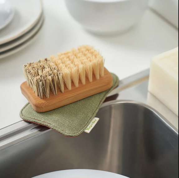 Bamboo Dish Brush with Ceramic Dish Brush Holder, Kitchen Brushes for  Dishes, Di