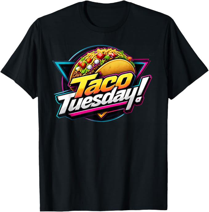 Black T-shirt with a colorful graphic of a taco and the text "Taco Tuesday!"