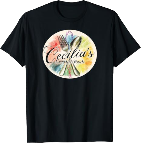 Black T-shirt with colorful circular logo that reads "Cecilia's Creative Foods" and features a fork and spoon crossed over each other.