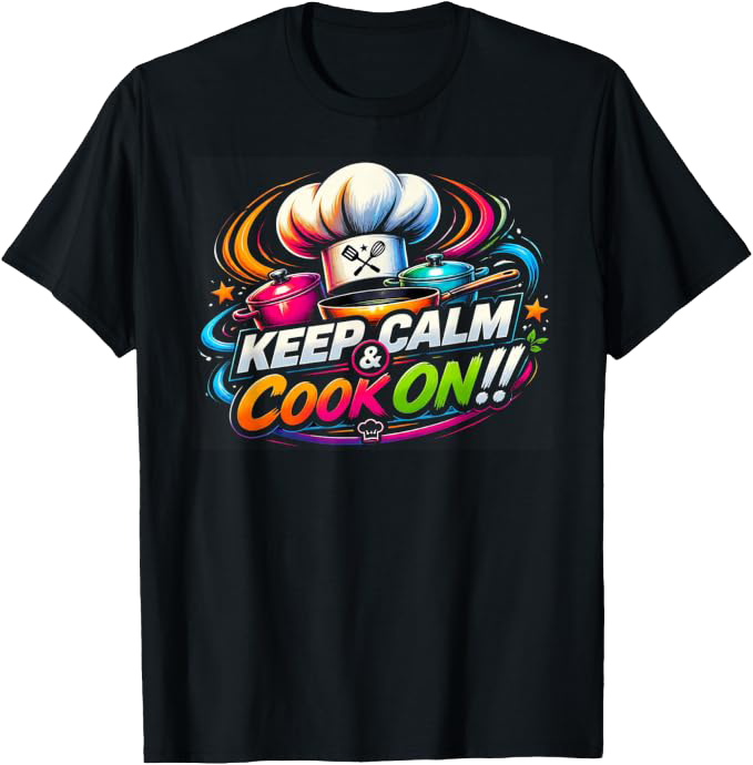 Black T-shirt with colorful graphic of a chef's hat, pots, and cooking utensils, and the text 'KEEP CALM & COOK ON!!' in bright neon colors.