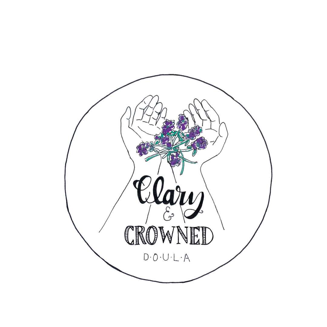 Illustration of two hands holding a bunch of purple flowers with the words "Clary & Crowned D.O.U.L.A" beneath them.