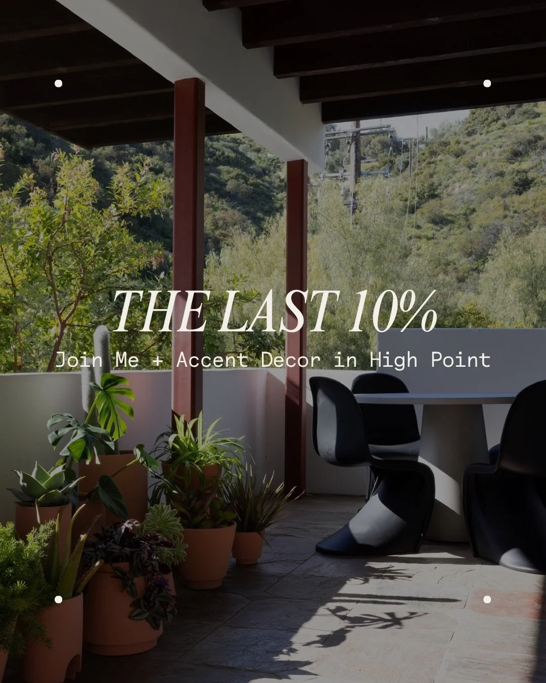 Amy Pigliacampo styling feature with houseplants, pottery, wood beams, and sculptural furniture.