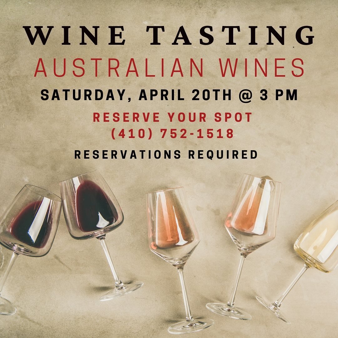 Reserve your spot for our Monthly Wine Tasting!
Join us as we taste and learn about wines from Australia! Taste 4 wines with snack pairings for $30.
Give a call at (410) 752-1518 to reserve your spot! (Reservations required.)
#sobocafe
#winetasting #