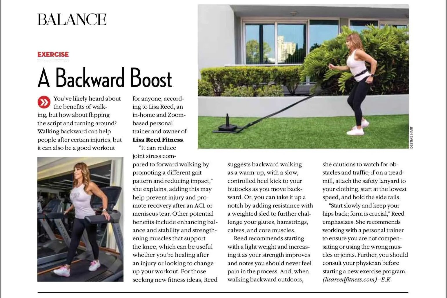 Page from magazine with headline reading "A Backward Boost" and two photos of a woman exercising