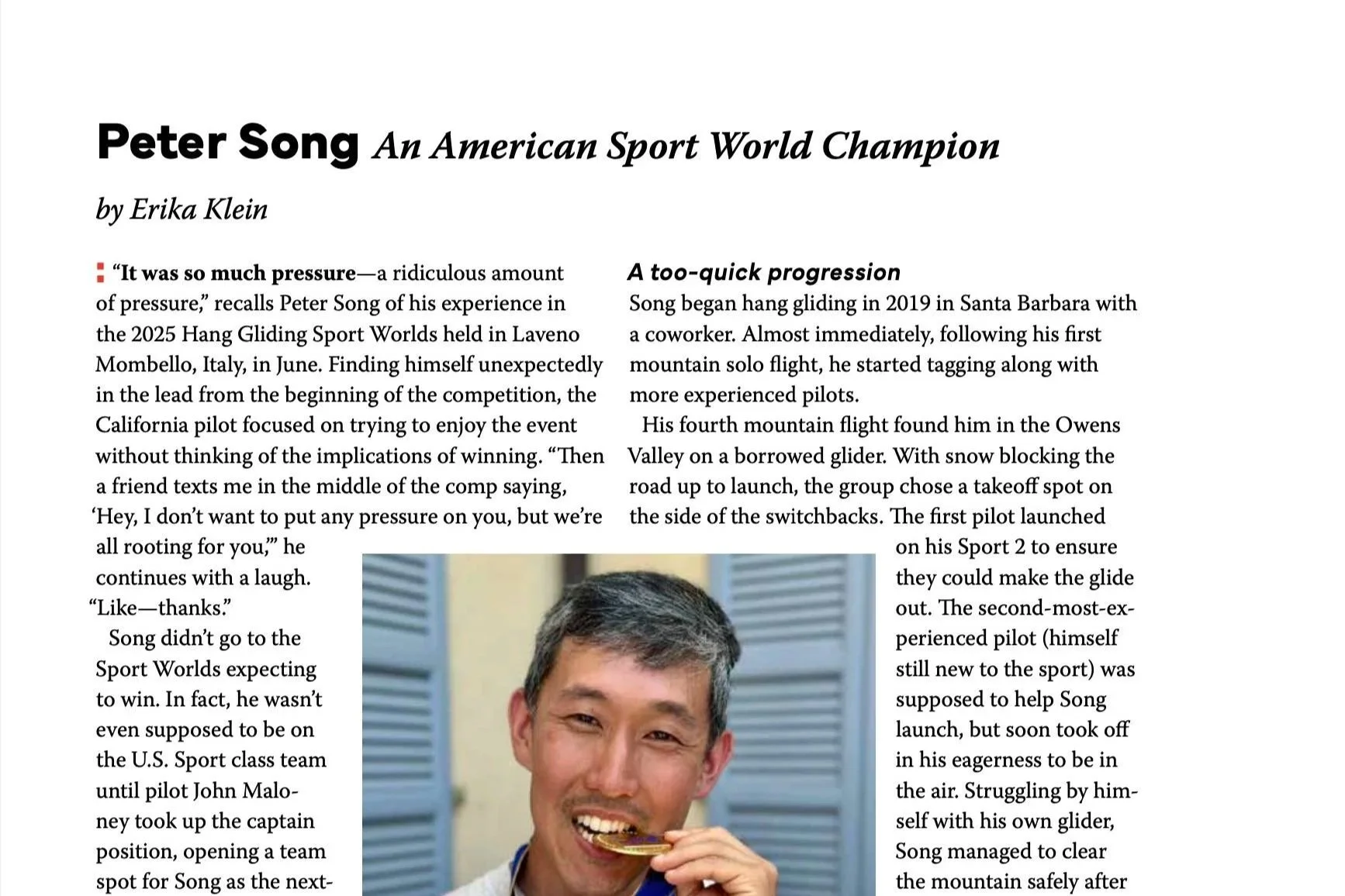 Screenshot of a magazine page reading "Peter Song" at the top with a picture of a guy biting a gold medal