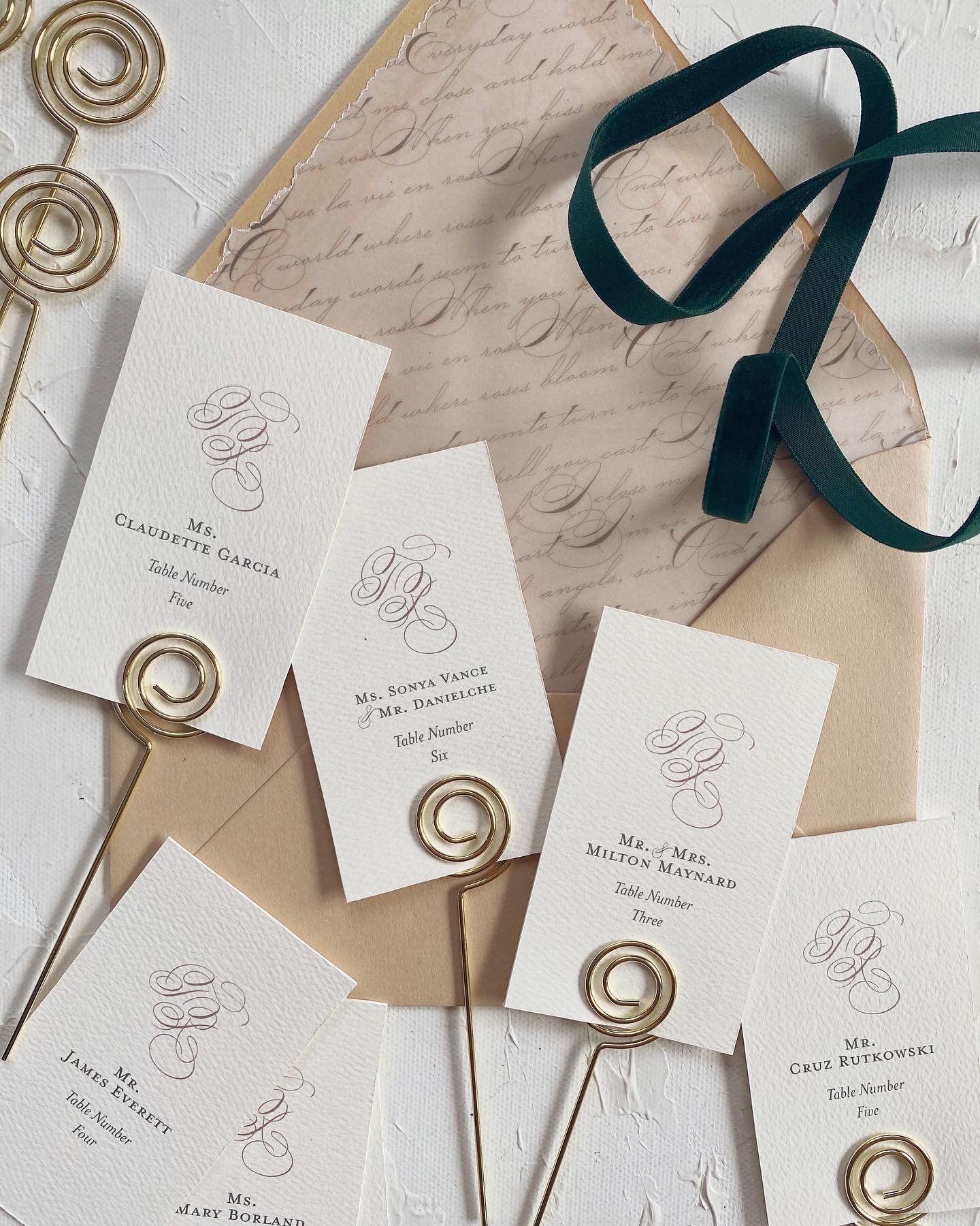 Escort cards complete with the couples duogram, on a backdrop of a lovely vellum envelope liner printed with calligraphy. 💌❤️

Simple, sophisticated and full of subtle texture.

#weddingdaydetails #escortcards #escortcarddisplay #monogram #duogram #