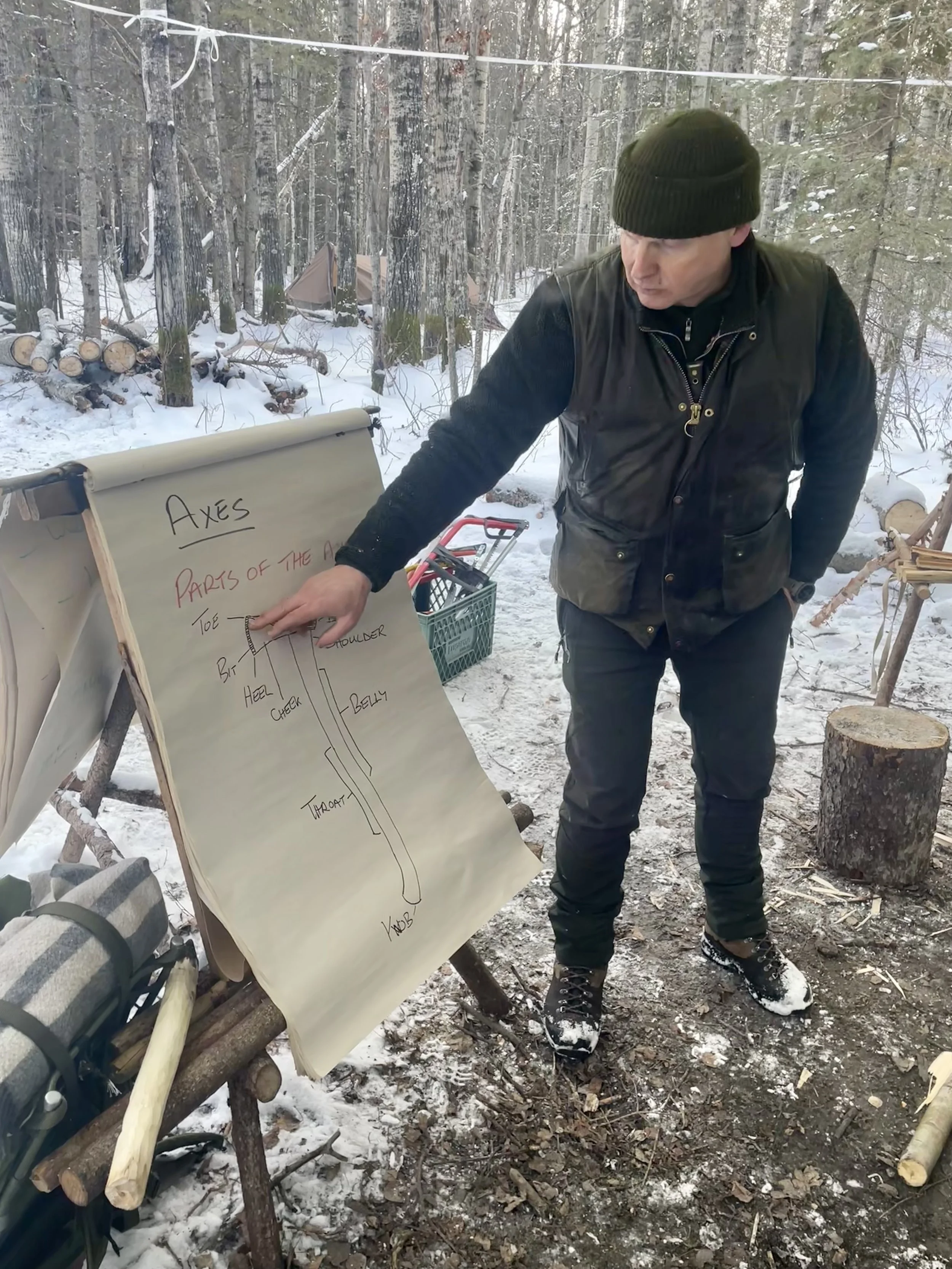 A man in a black jacket and green beanie pointing at a diagram on a large sheet of paper titled 'Axles' in a snowy forest. The diagram shows a sketch of an axle with labels such as 'toe,' 'heel,' 'check,' 'shoulder,' 'belly,' and 'throat.'