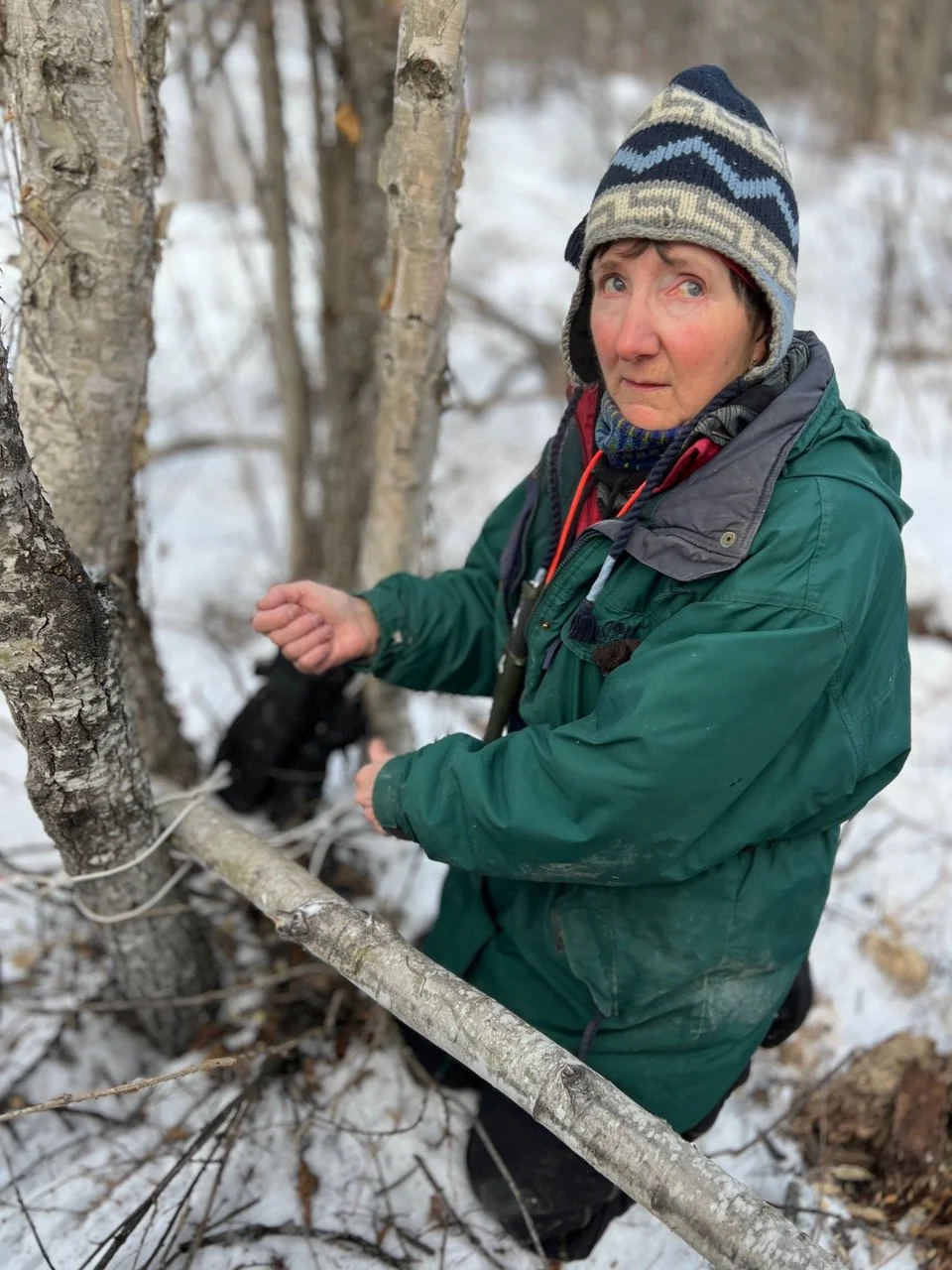 A person wearing a striped winter hat and a green jacket outdoors in a snowy forest, standing among bare trees.